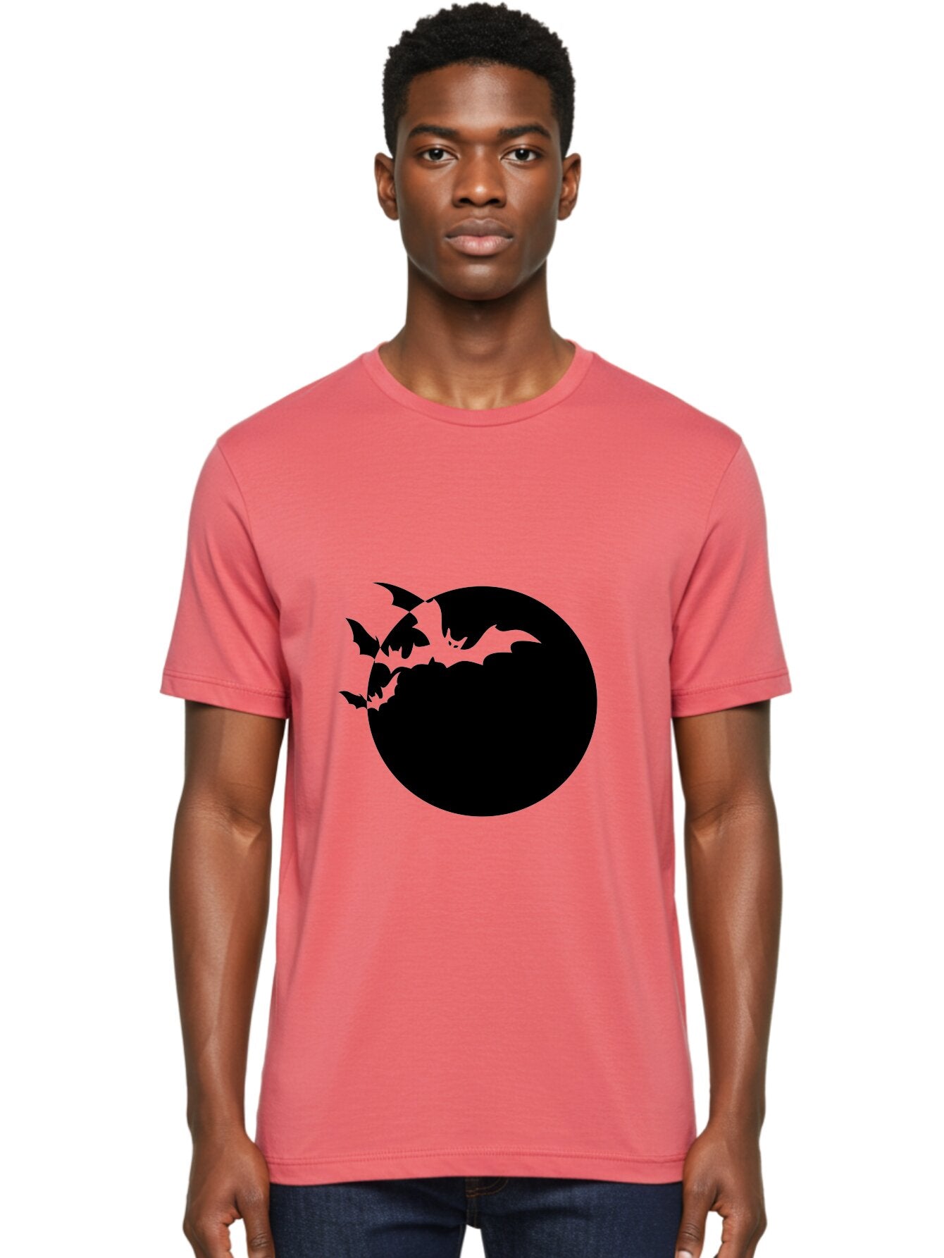 Bats-Flying-Around-Moon Men'S Graphic Tee, 100% Cotton, Comfortable Casual Summer Wear, Machine Washable, Black Bats, Flying Creatures, Dark Silhouettes, Spooky Atmosphere, Halloween Theme, Mystical Night, Winged Animals, Eerie Ambiance Aab195 30