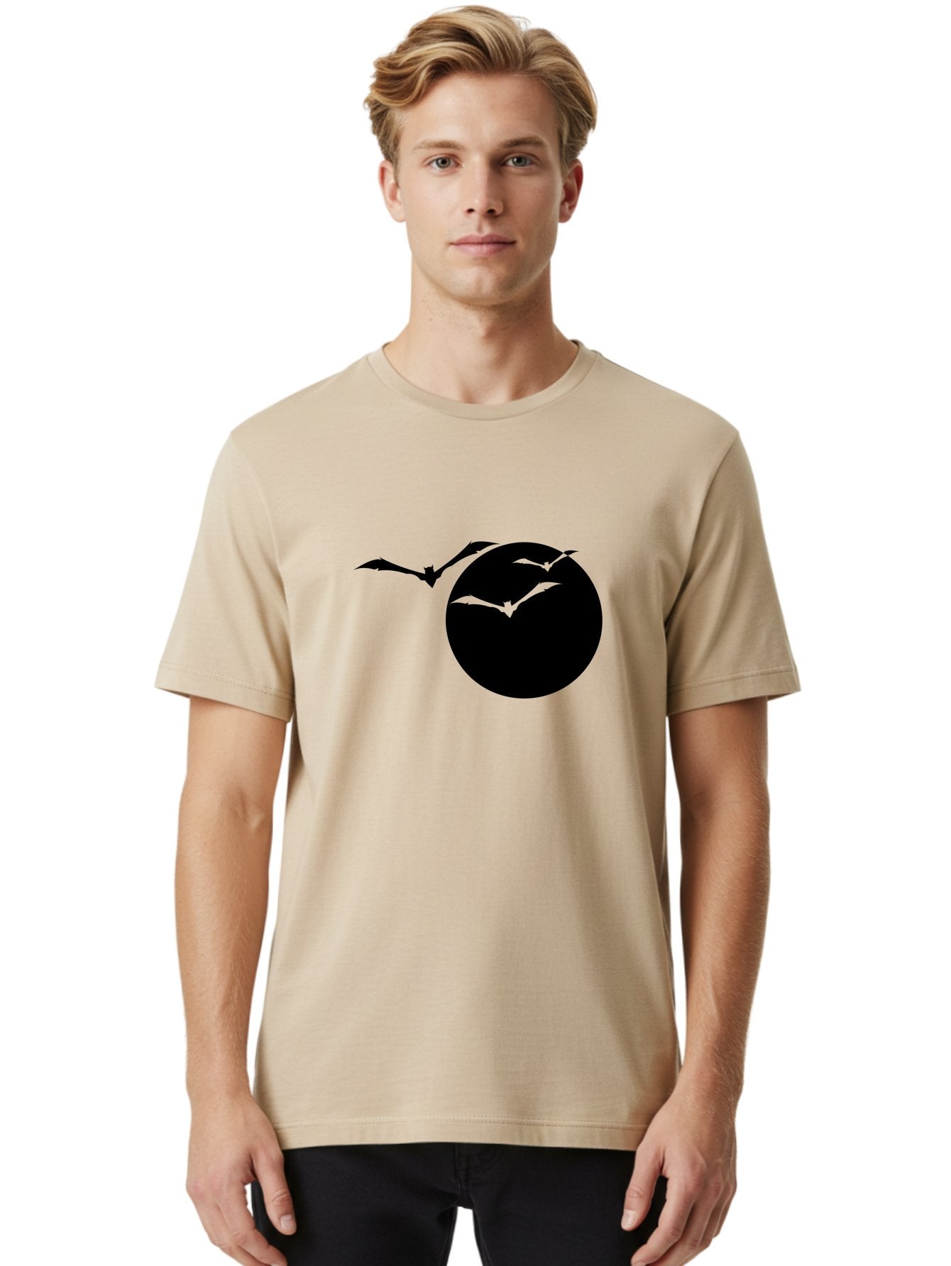 Bats-Flying Men'S Graphic Tee, 100% Cotton, Comfortable Casual Summer Wear, Machine Washable, Bats Flying Around The Moon, Spooky Atmosphere, Halloween Theme, Nighttime Scene, Mysterious Ambiance, Bats In Flight, Lunar Background, Aab197 17
