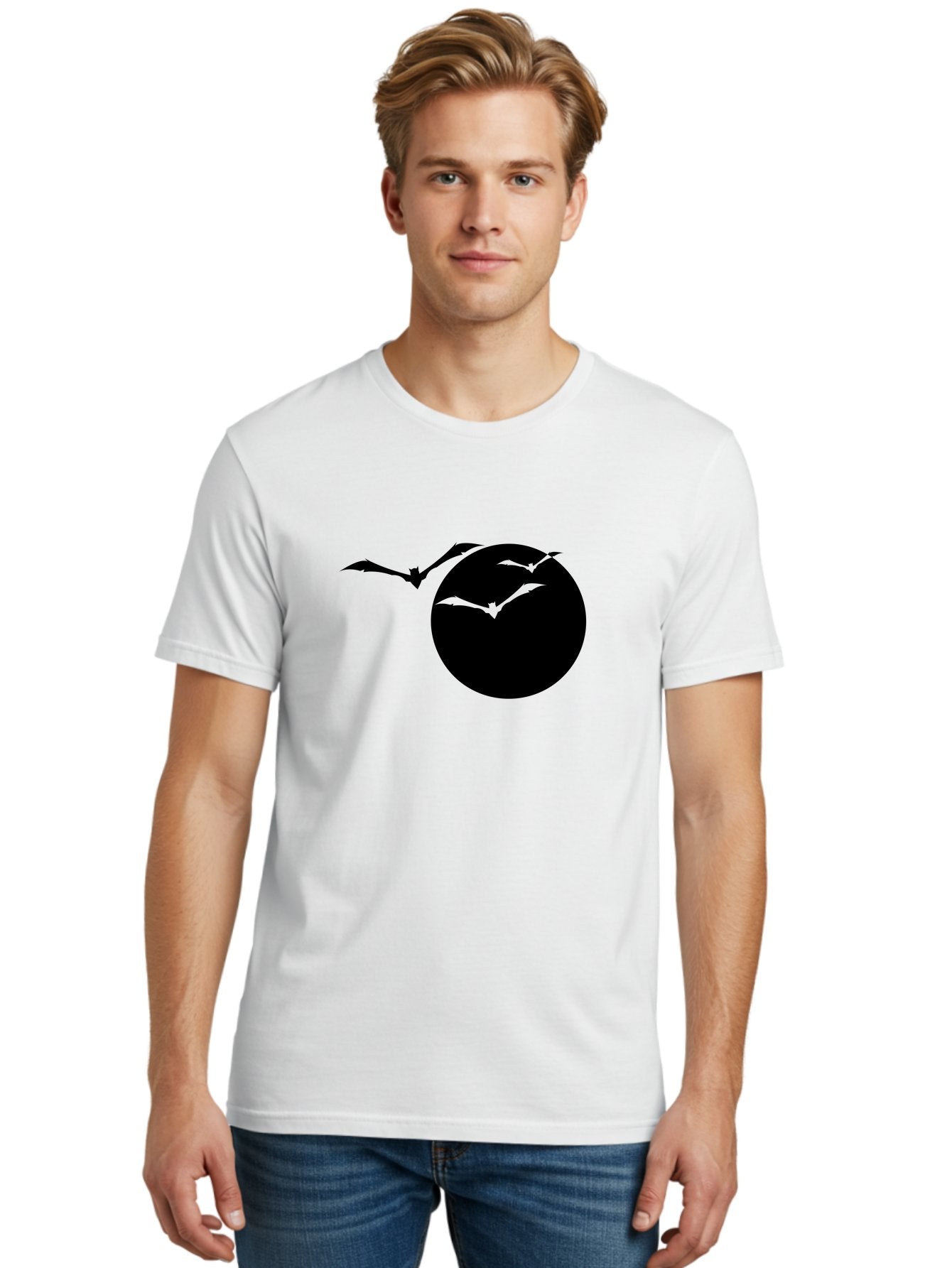 Bats-Flying Men'S Graphic Tee, 100% Cotton, Comfortable Casual Summer Wear, Machine Washable, Bats Flying Around The Moon, Spooky Atmosphere, Halloween Theme, Nighttime Scene, Mysterious Ambiance, Bats In Flight, Lunar Background, Aab197 21