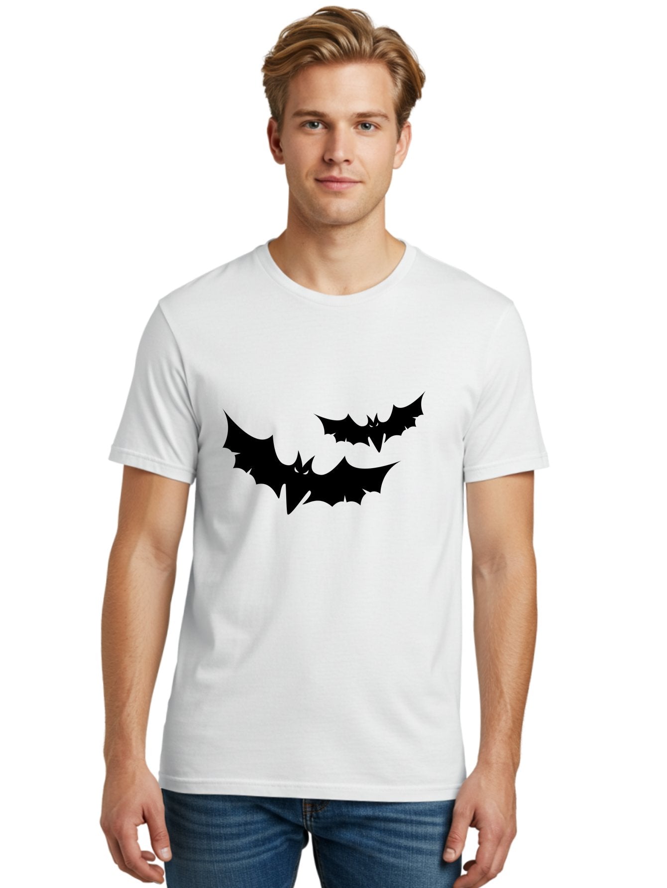 Black-Bats Men'S Graphic Tee, 100% Cotton, Comfortable Casual Summer Wear, Machine Washable, Halloween Bats, Black Bats, Bat Silhouettes, Spooky Decor, Halloween Decorations, Flying Bats, Halloween Theme Aab201 30