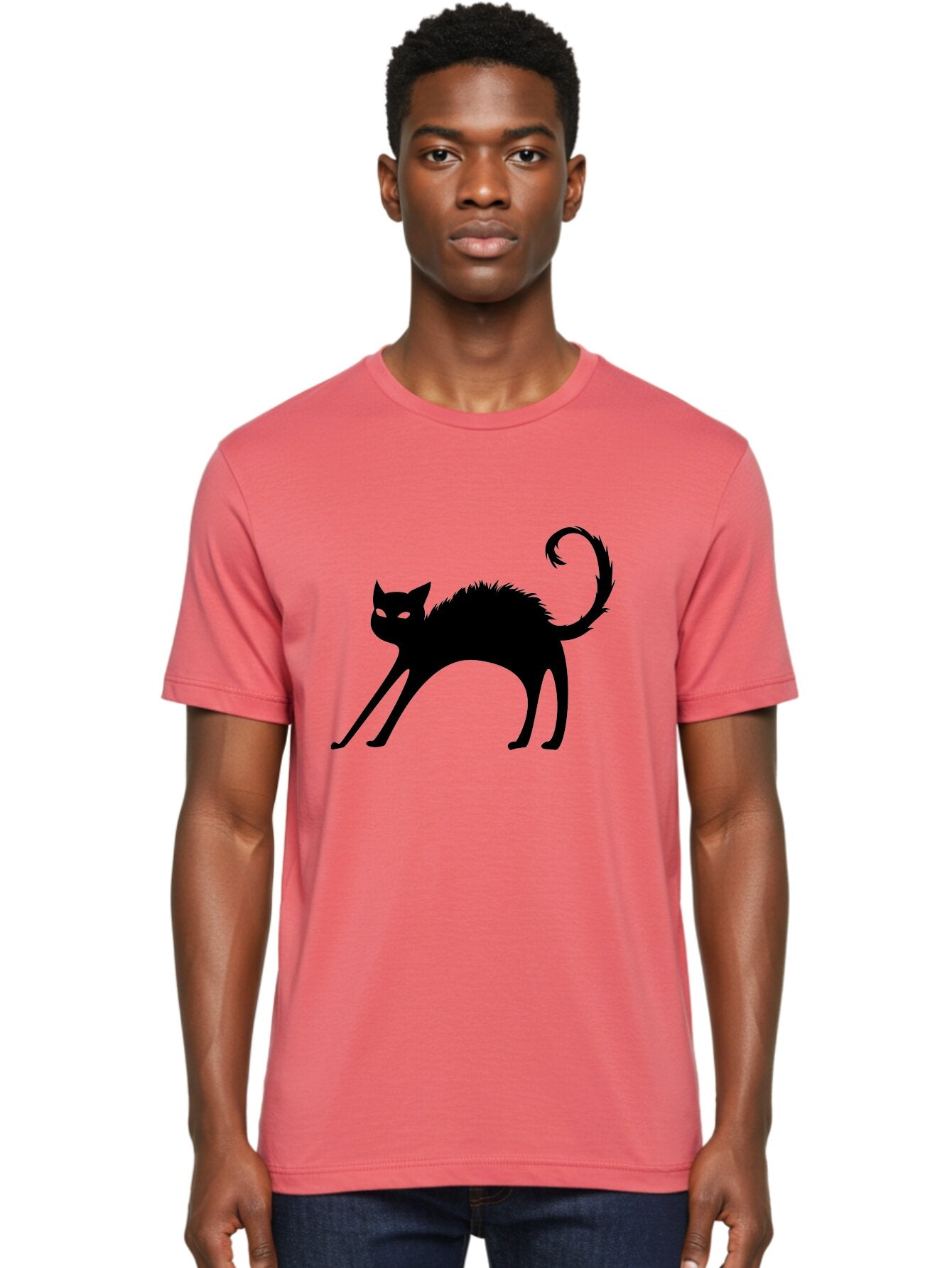 Black-Cat-Silhouette-1 Men'S Graphic Tee, 100% Cotton, Comfortable Casual Summer Wear, Machine Washable, Black Cat Silhouette, Spooky Cat, Halloween Symbol, Mysterious Animal, Glowing Eyes, Feline Silhouette, Mystical Creature, Aab202 21