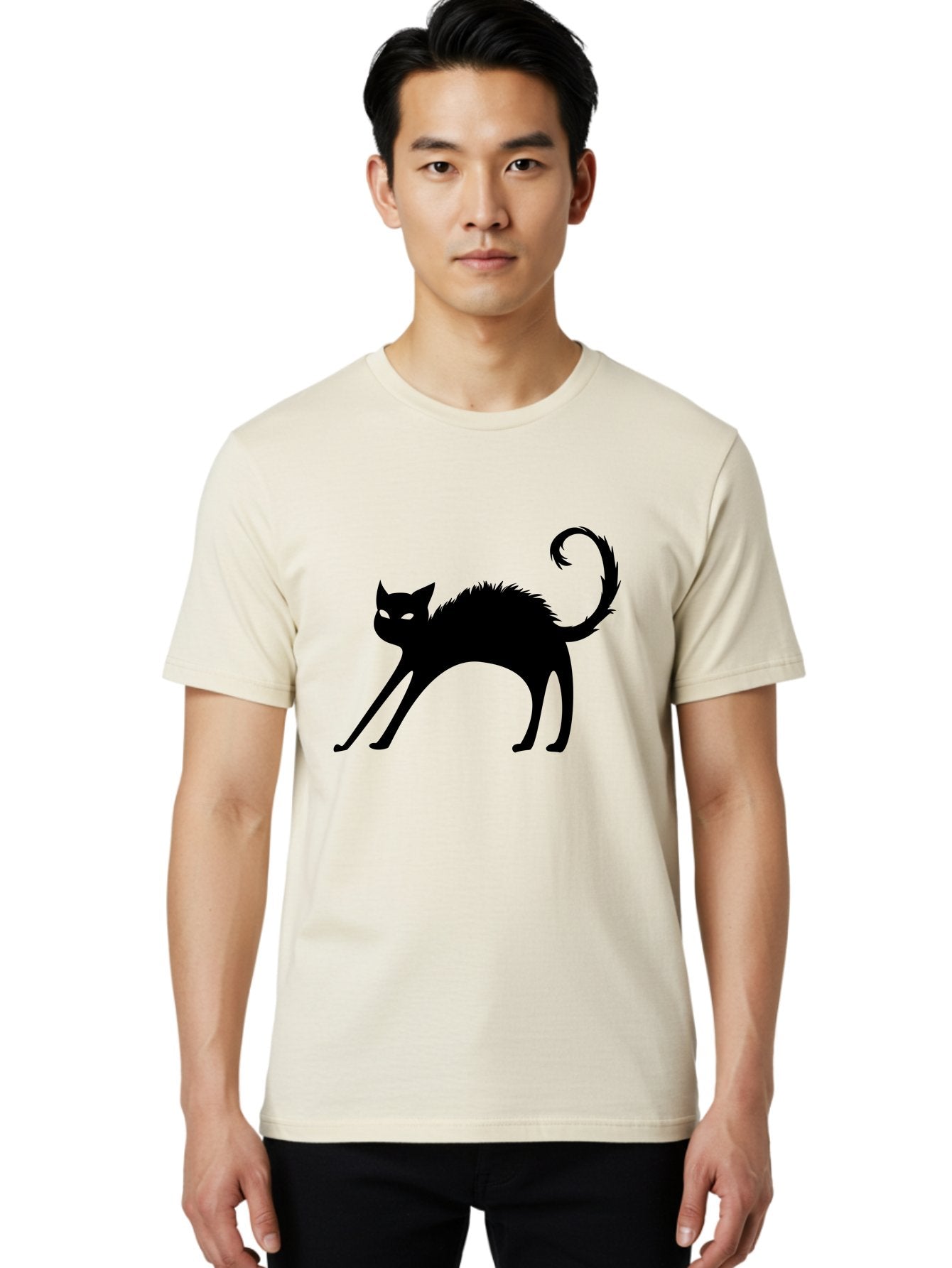 Black-Cat-Silhouette-1 Men'S Graphic Tee, 100% Cotton, Comfortable Casual Summer Wear, Machine Washable, Black Cat Silhouette, Spooky Cat, Halloween Symbol, Mysterious Animal, Glowing Eyes, Feline Silhouette, Mystical Creature, Aab202 24