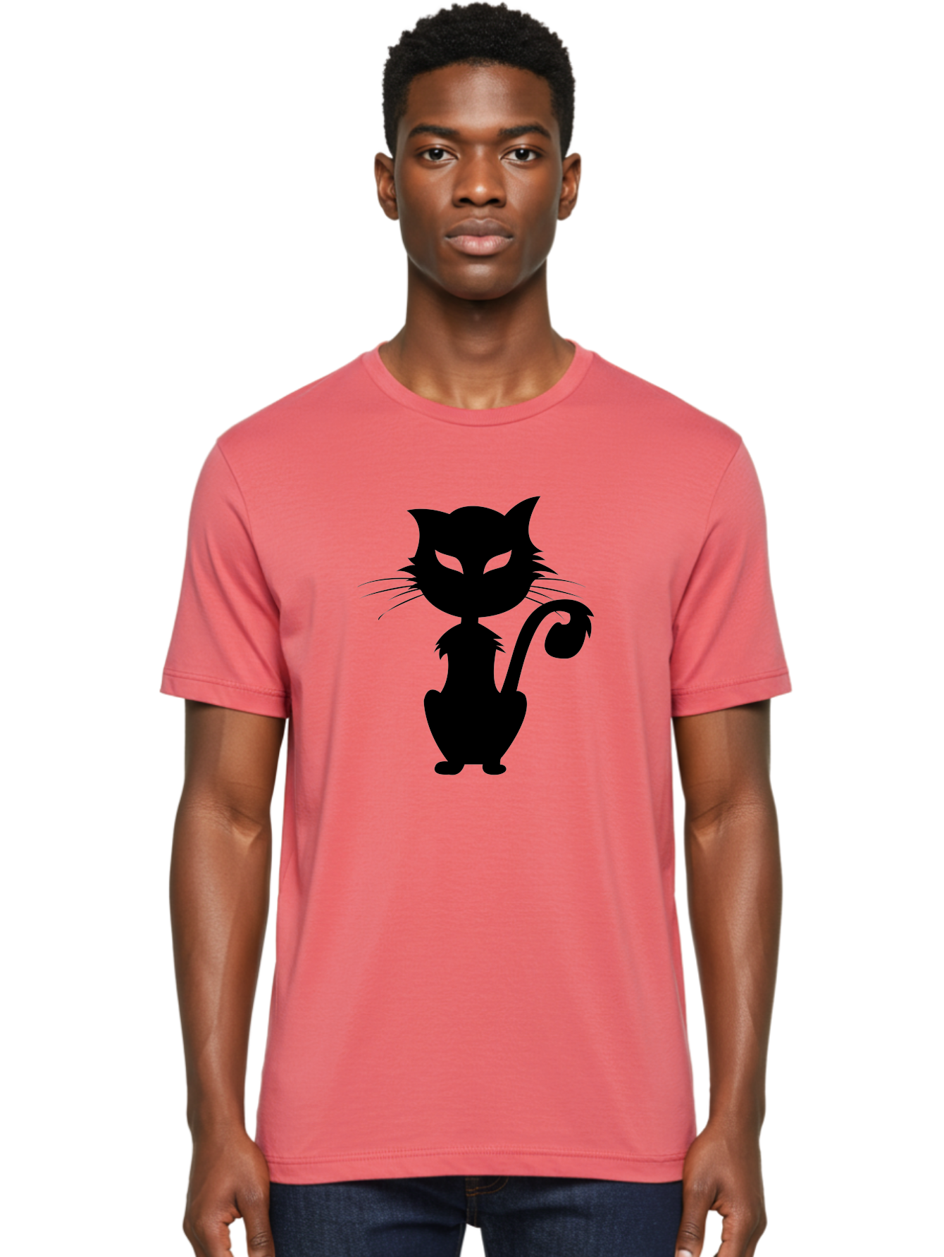 Black-Cat-Silhouette-2 Men'S Graphic Tee, 100% Cotton, Comfortable Casual Summer Wear, Machine Washable, Black Cat, Cat Silhouette, Feline Figure, Glowing Green Eyes, Mystical Cat, Cat Graphic, Spooky Cat, Mysterious Animal, Halloween Icon Aab203