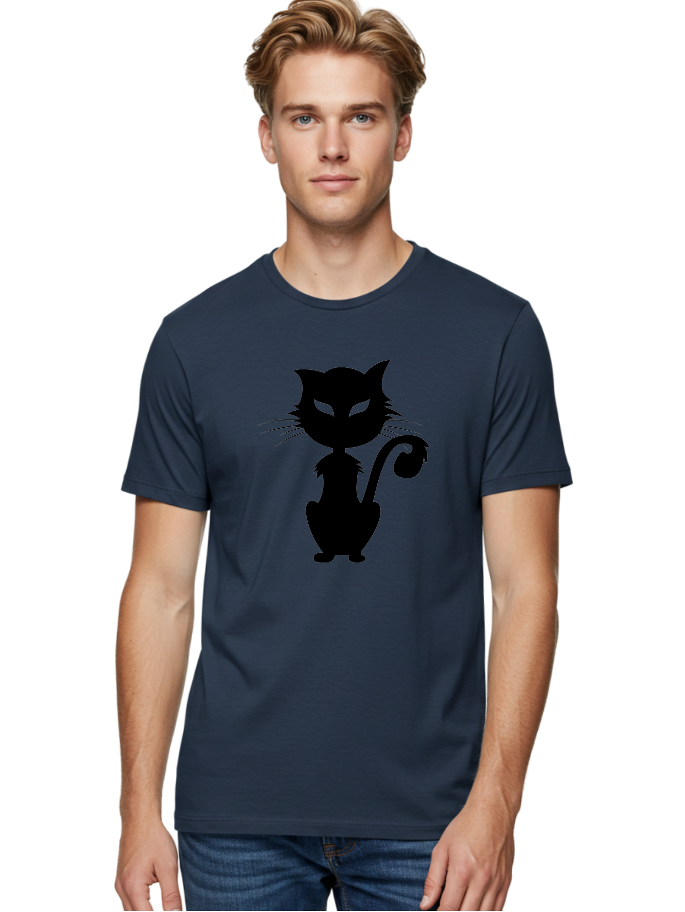 Black-Cat-Silhouette-2 Men'S Graphic Tee, 100% Cotton, Comfortable Casual Summer Wear, Machine Washable, Black Cat, Cat Silhouette, Feline Figure, Glowing Green Eyes, Mystical Cat, Cat Graphic, Spooky Cat, Mysterious Animal, Halloween Icon Aab203 14