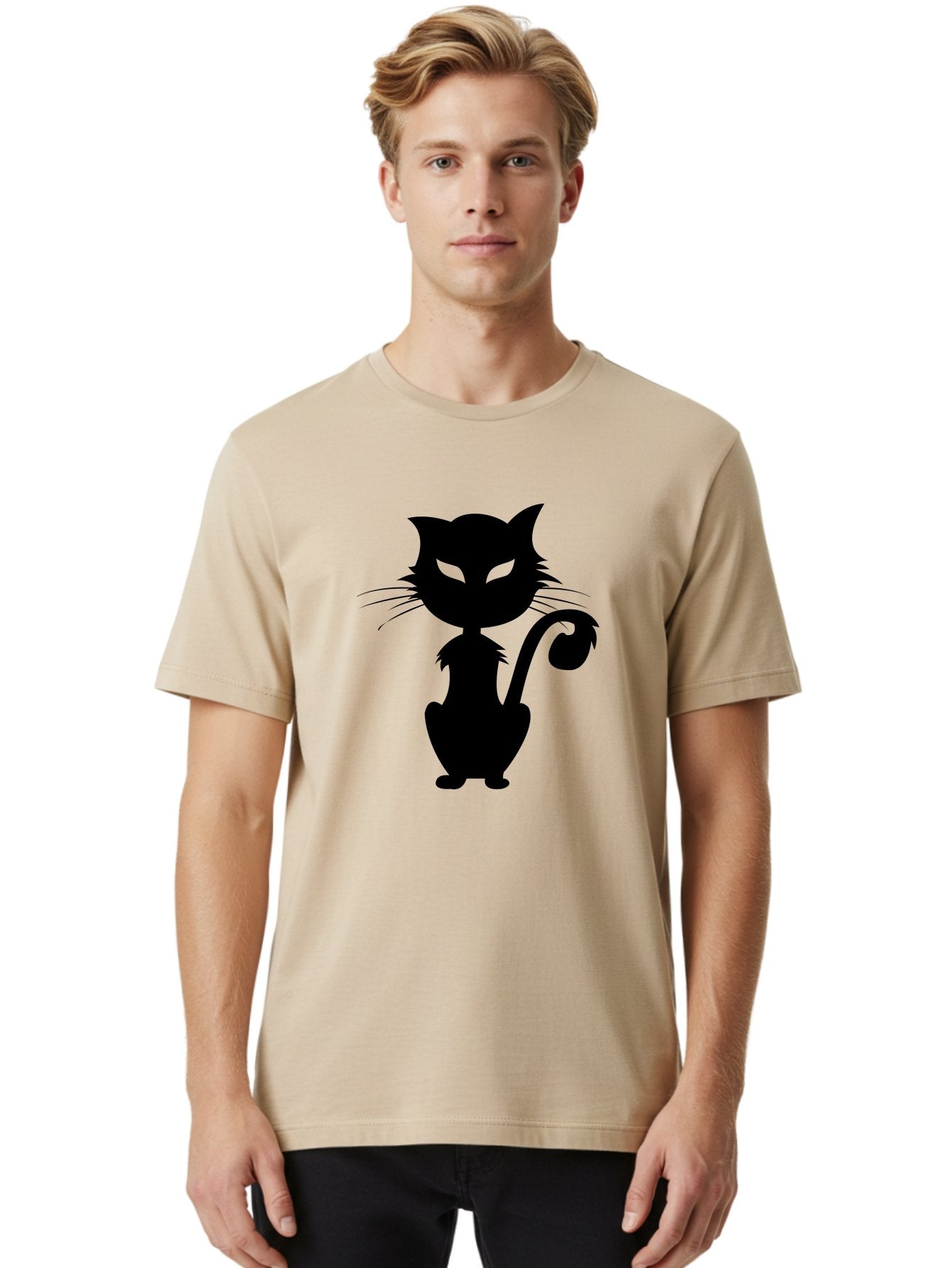 Black-Cat-Silhouette-2 Men'S Graphic Tee, 100% Cotton, Comfortable Casual Summer Wear, Machine Washable, Black Cat, Cat Silhouette, Feline Figure, Glowing Green Eyes, Mystical Cat, Cat Graphic, Spooky Cat, Mysterious Animal, Halloween Icon Aab203 20