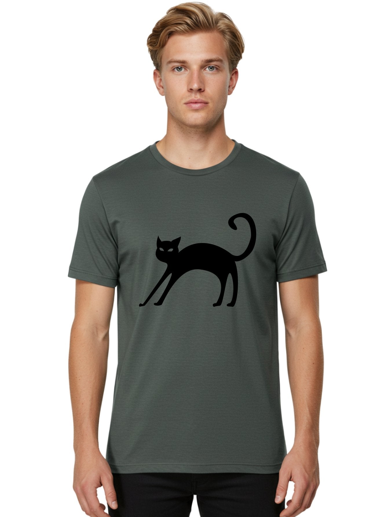 Black-Cat-Silhouette Men'S Graphic Tee, 100% Cotton, Comfortable Casual Summer Wear, Machine Washable, Black Cat Silhouette, Mysterious Eyes, Glowing Green Eyes, Feline Figure, Spooky Atmosphere, Halloween Icon, Cat Illustration, Aab204 21