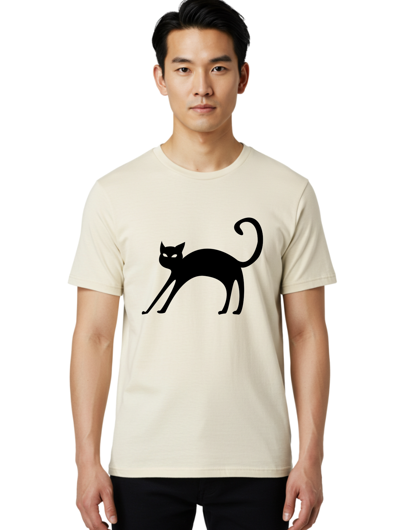 Black-Cat-Silhouette Men'S Graphic Tee, 100% Cotton, Comfortable Casual Summer Wear, Machine Washable, Black Cat Silhouette, Mysterious Eyes, Glowing Green Eyes, Feline Figure, Spooky Atmosphere, Halloween Icon, Cat Illustration, Aab204 14