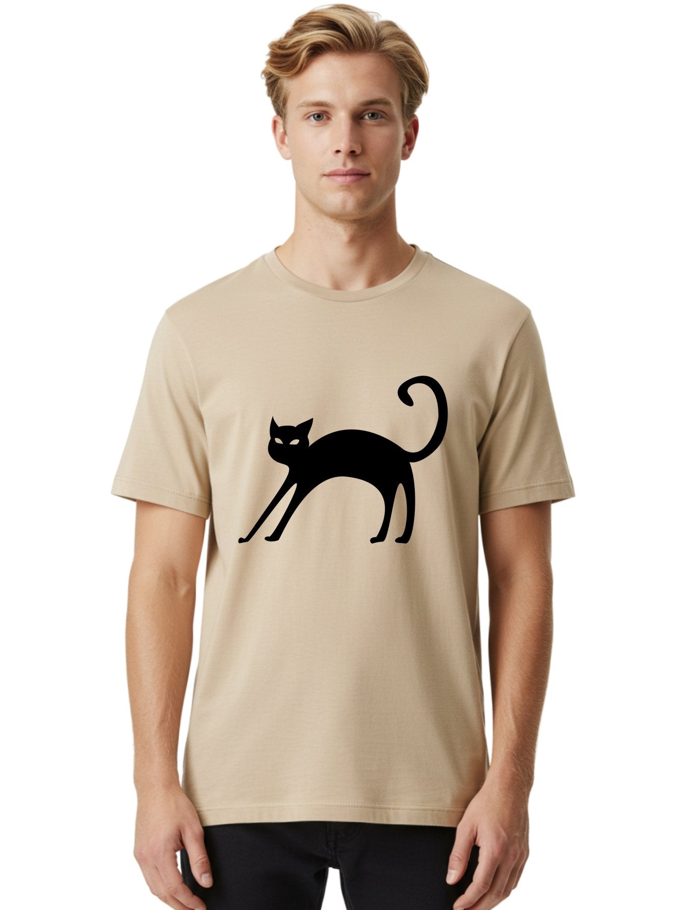 Black-Cat-Silhouette Men'S Graphic Tee, 100% Cotton, Comfortable Casual Summer Wear, Machine Washable, Black Cat Silhouette, Mysterious Eyes, Glowing Green Eyes, Feline Figure, Spooky Atmosphere, Halloween Icon, Cat Illustration, Aab204 15