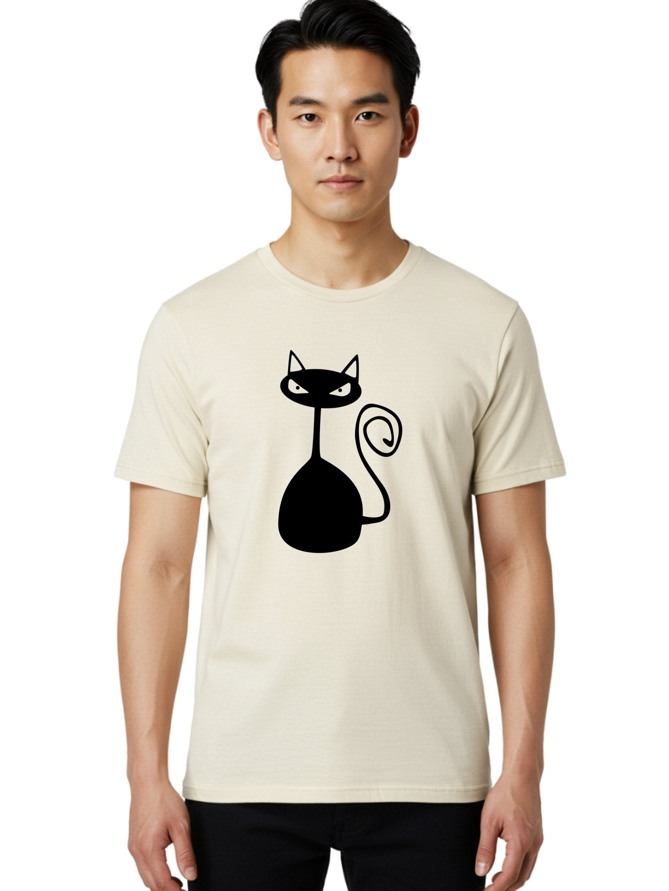 Black-Cat Men'S Graphic Tee, 100% Cotton, Comfortable Casual Summer Wear, Machine Washable, Black Cat Silhouette, Evil Cat, Green Eyes, Cartoon Style, Minimalist Design, Simple Shapes, Whimsical Art, Feline Illustration, Spooky Cat, Aab205 19