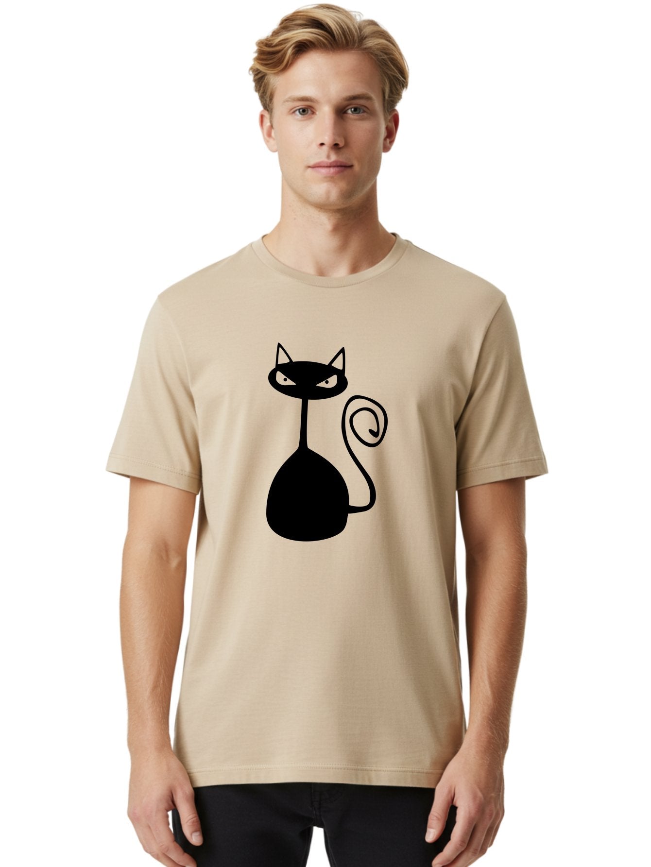 Black-Cat Men'S Graphic Tee, 100% Cotton, Comfortable Casual Summer Wear, Machine Washable, Black Cat Silhouette, Evil Cat, Green Eyes, Cartoon Style, Minimalist Design, Simple Shapes, Whimsical Art, Feline Illustration, Spooky Cat, Aab205 16