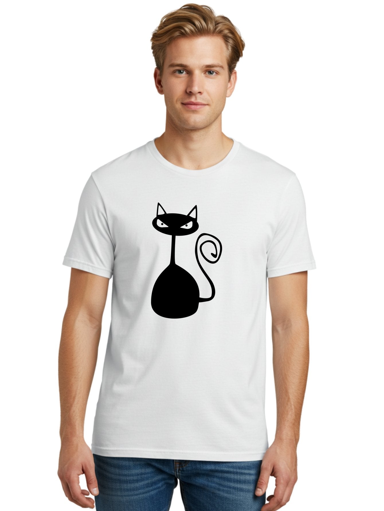 Black-Cat Men'S Graphic Tee, 100% Cotton, Comfortable Casual Summer Wear, Machine Washable, Black Cat Silhouette, Evil Cat, Green Eyes, Cartoon Style, Minimalist Design, Simple Shapes, Whimsical Art, Feline Illustration, Spooky Cat, Aab205 17