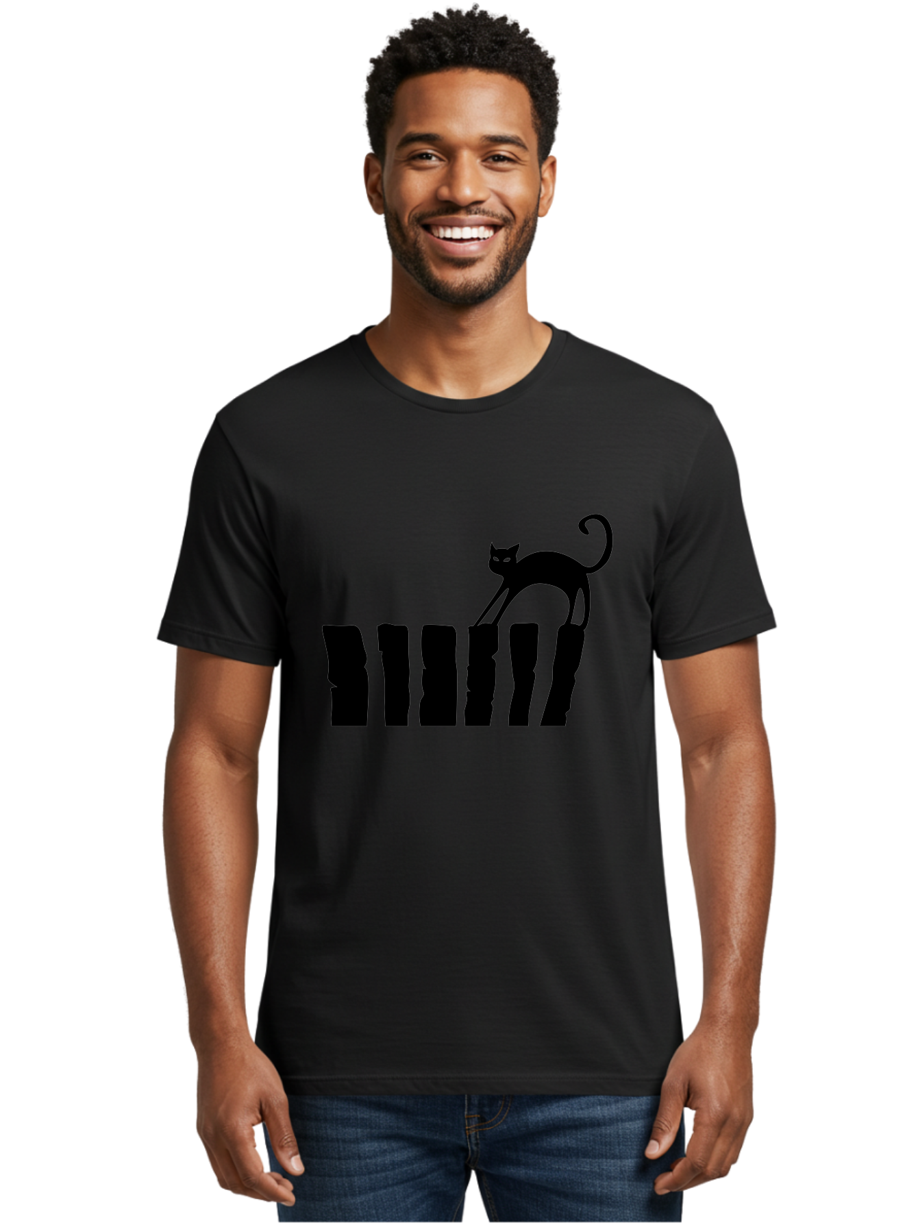 Cat-On-Fence Men'S Graphic Tee, 100% Cotton, Comfortable Casual Summer Wear, Machine Washable, Black Cat Silhouette, Feline Graphics, Cat On Fence, Whimsical Design, Minimalist Art, Cat Illustration, Modern Cat Graphic Aab208 14