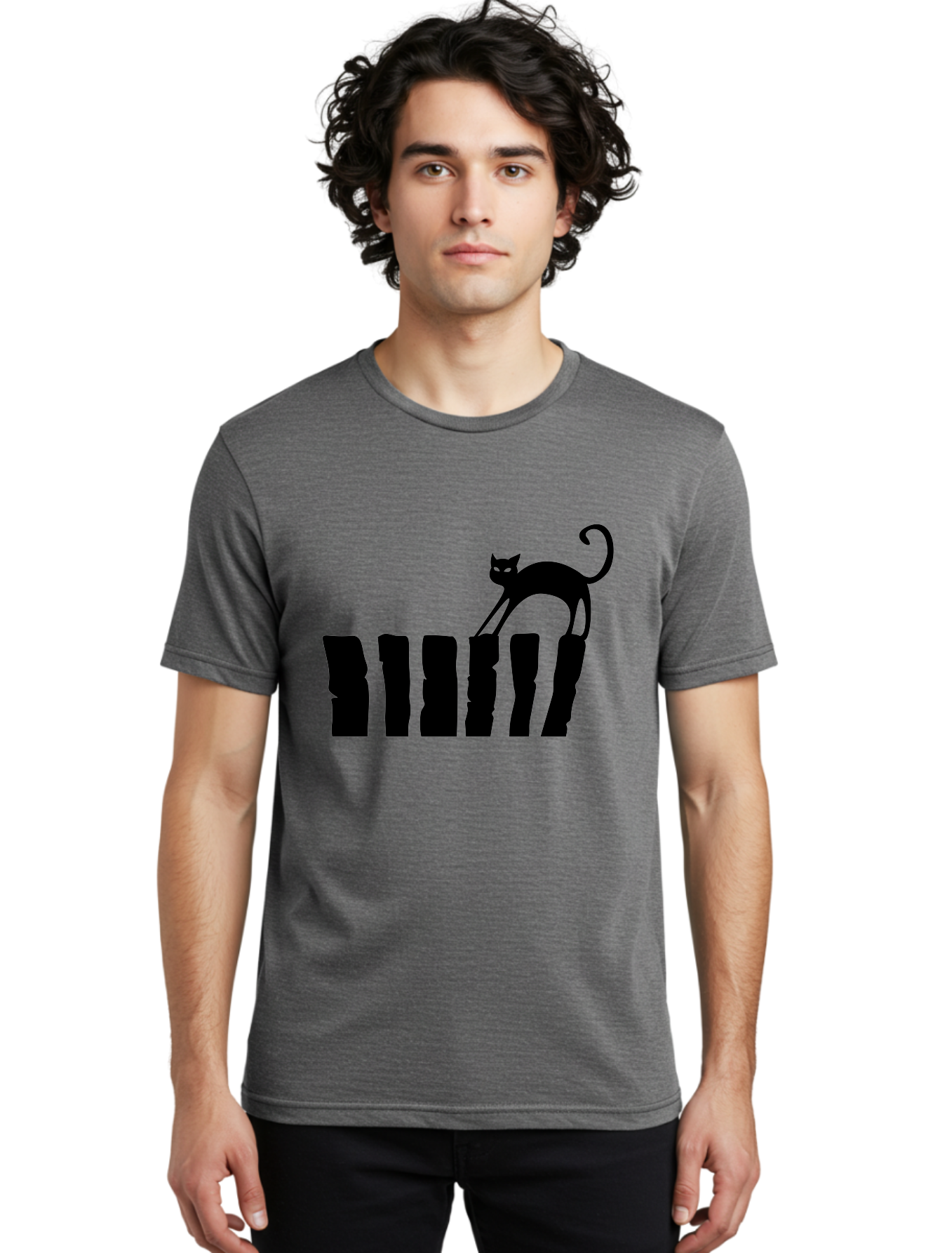 Cat-On-Fence Men'S Graphic Tee, 100% Cotton, Comfortable Casual Summer Wear, Machine Washable, Black Cat Silhouette, Feline Graphics, Cat On Fence, Whimsical Design, Minimalist Art, Cat Illustration, Modern Cat Graphic Aab208 28