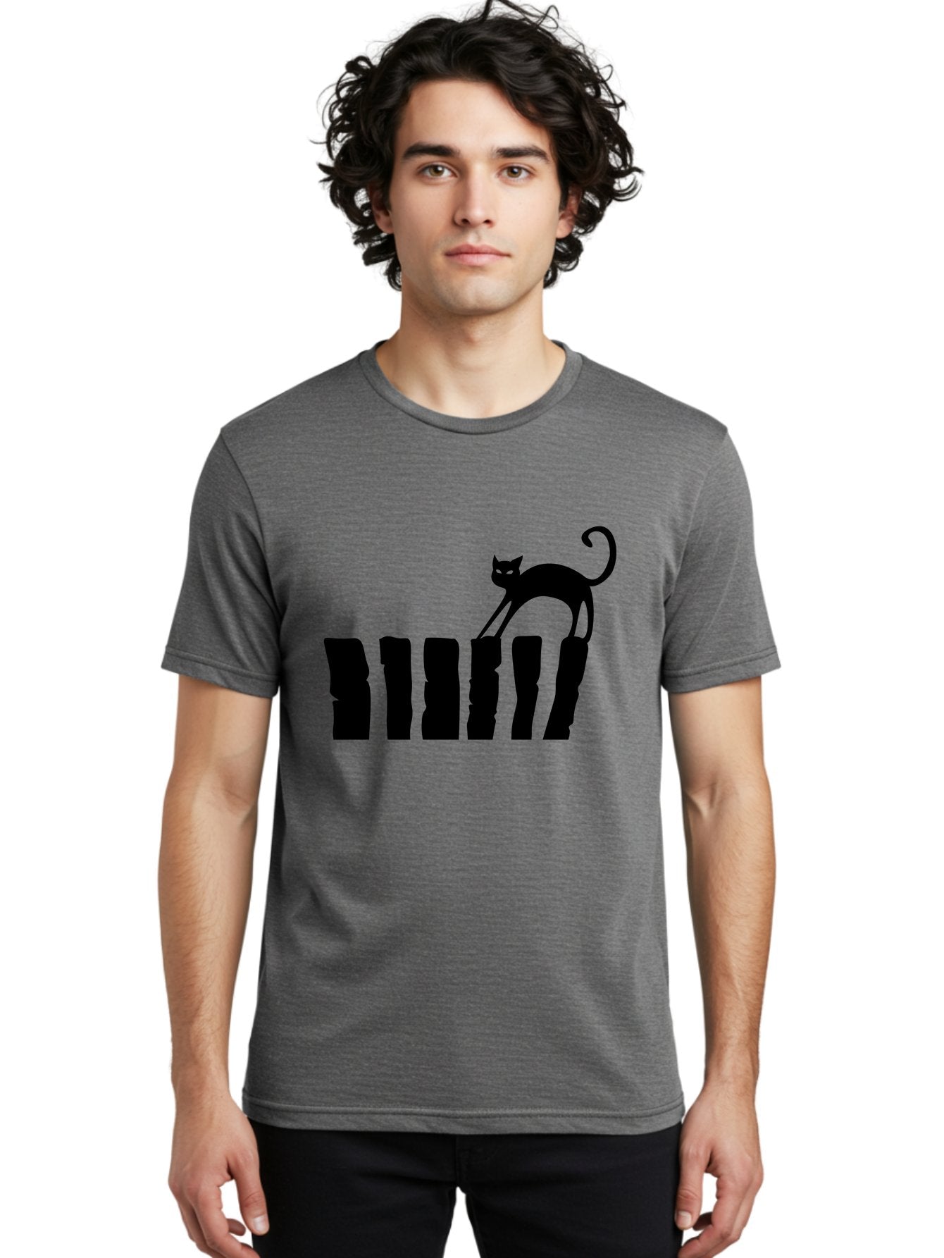 Cat-On-Fence Men'S Graphic Tee, 100% Cotton, Comfortable Casual Summer Wear, Machine Washable, Black Cat Silhouette, Feline Graphics, Cat On Fence, Whimsical Design, Minimalist Art, Cat Illustration, Modern Cat Graphic Aab208 17