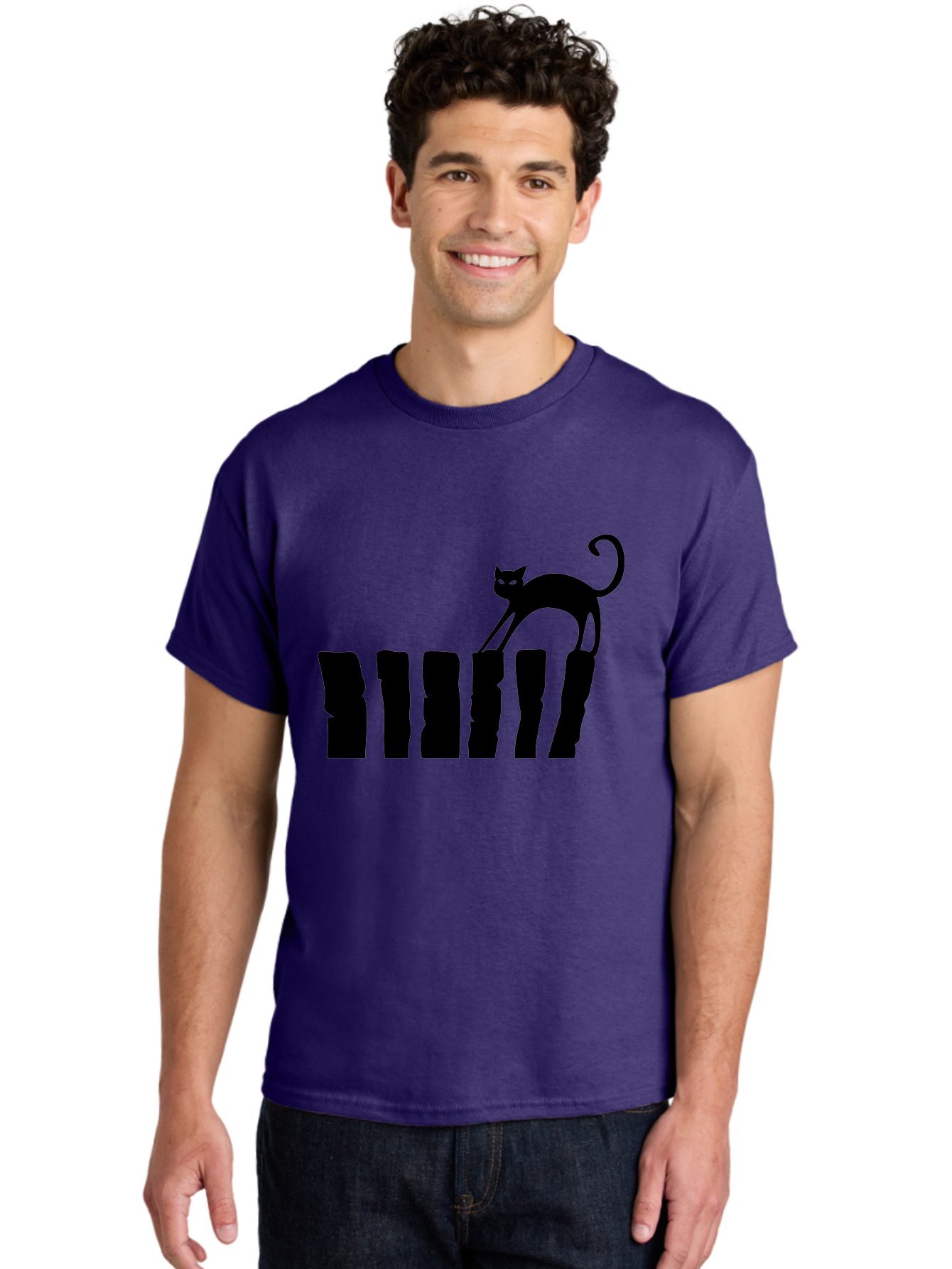 Cat-On-Fence Men'S Graphic Tee, 100% Cotton, Comfortable Casual Summer Wear, Machine Washable, Black Cat Silhouette, Feline Graphics, Cat On Fence, Whimsical Design, Minimalist Art, Cat Illustration, Modern Cat Graphic Aab208 26