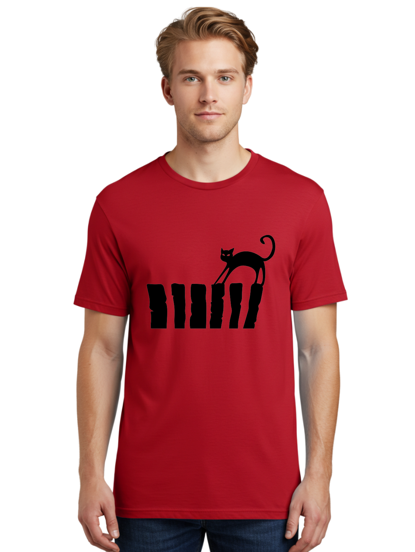 Cat-On-Fence Men'S Graphic Tee, 100% Cotton, Comfortable Casual Summer Wear, Machine Washable, Black Cat Silhouette, Feline Graphics, Cat On Fence, Whimsical Design, Minimalist Art, Cat Illustration, Modern Cat Graphic Aab208 30