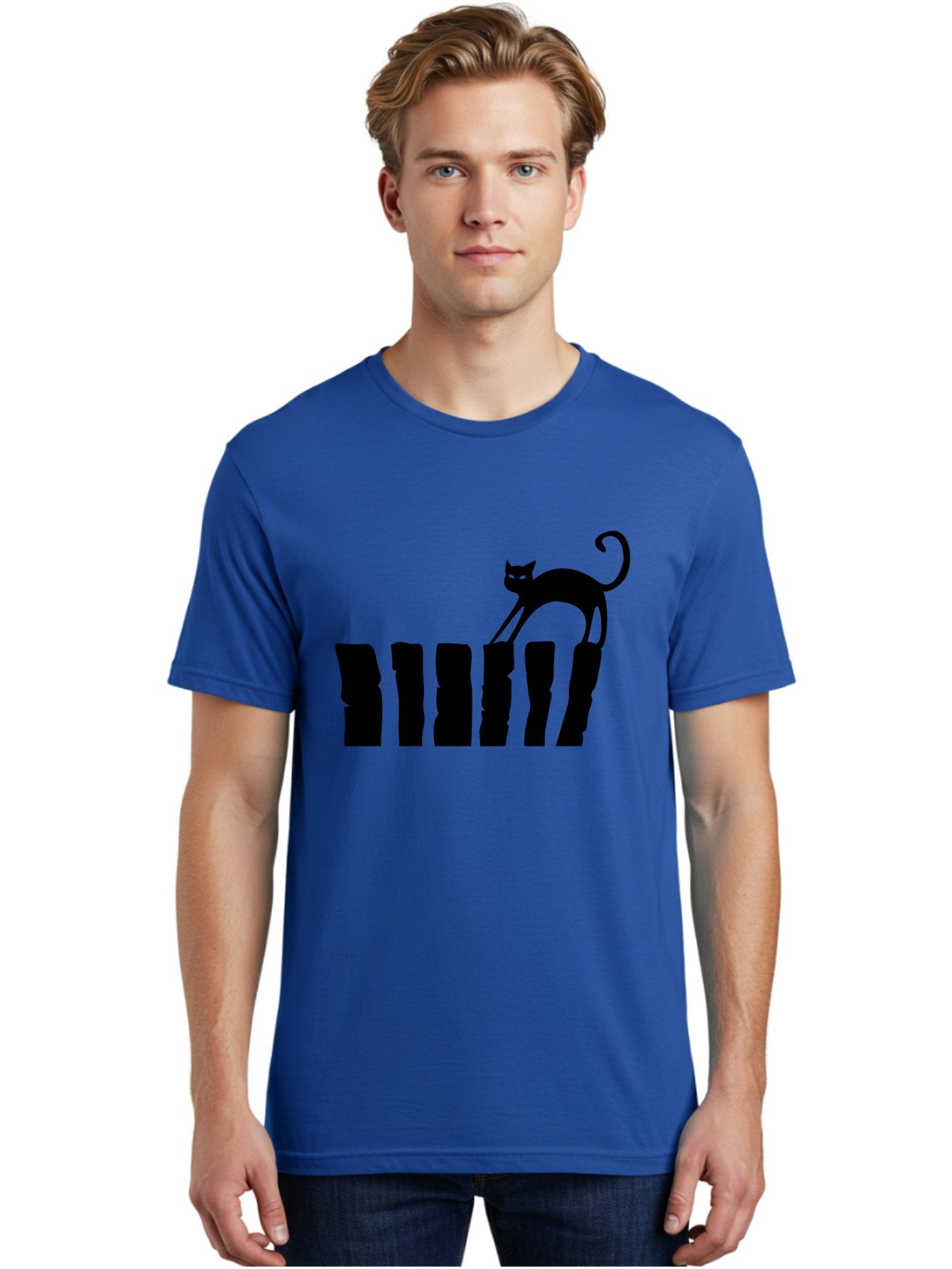 Cat-On-Fence Men'S Graphic Tee, 100% Cotton, Comfortable Casual Summer Wear, Machine Washable, Black Cat Silhouette, Feline Graphics, Cat On Fence, Whimsical Design, Minimalist Art, Cat Illustration, Modern Cat Graphic Aab208 30