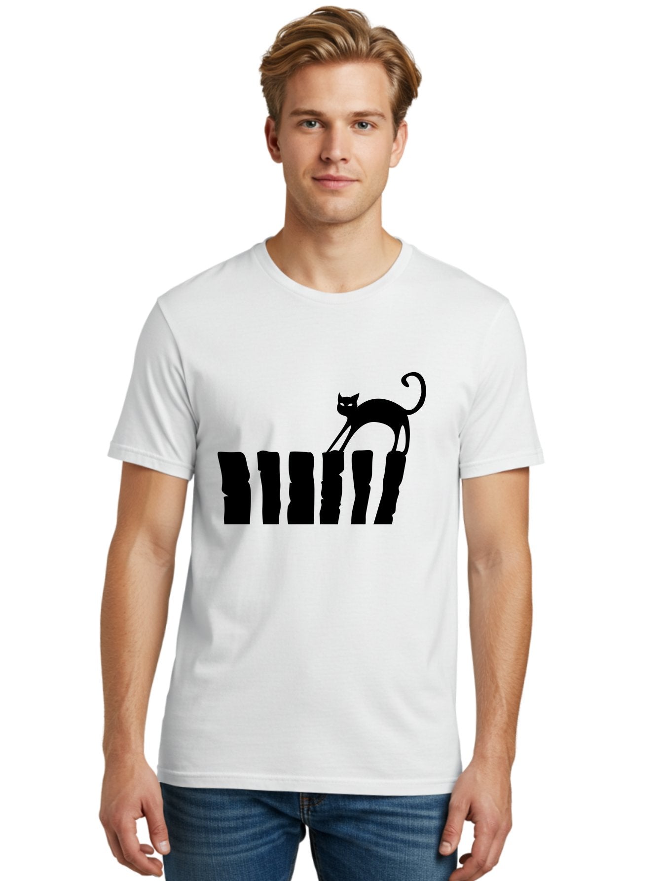 Cat-On-Fence Men'S Graphic Tee, 100% Cotton, Comfortable Casual Summer Wear, Machine Washable, Black Cat Silhouette, Feline Graphics, Cat On Fence, Whimsical Design, Minimalist Art, Cat Illustration, Modern Cat Graphic Aab208 21