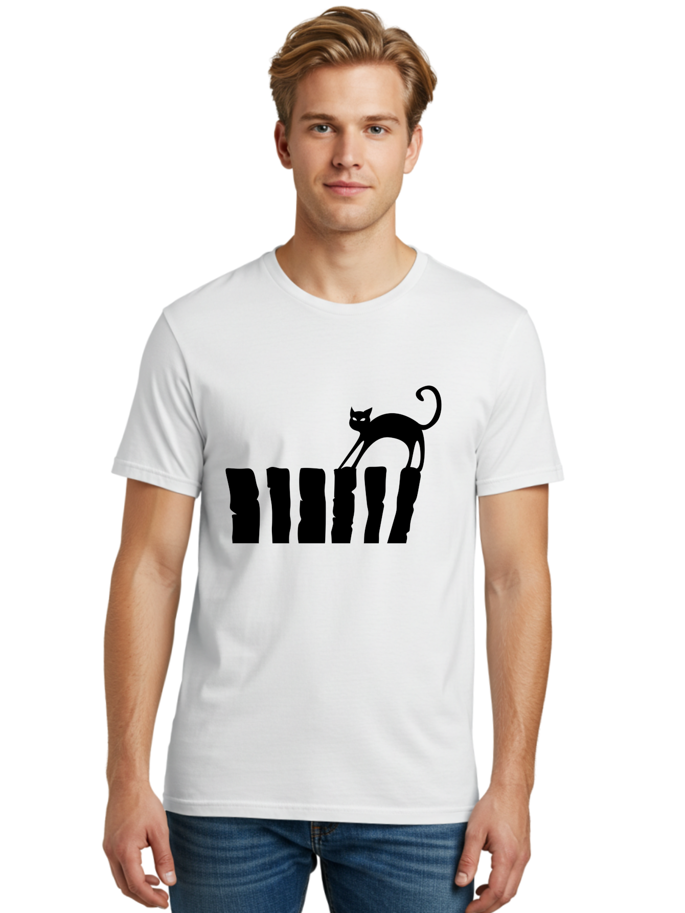 Cat-On-Fence Men'S Graphic Tee, 100% Cotton, Comfortable Casual Summer Wear, Machine Washable, Black Cat Silhouette, Feline Graphics, Cat On Fence, Whimsical Design, Minimalist Art, Cat Illustration, Modern Cat Graphic Aab208 20