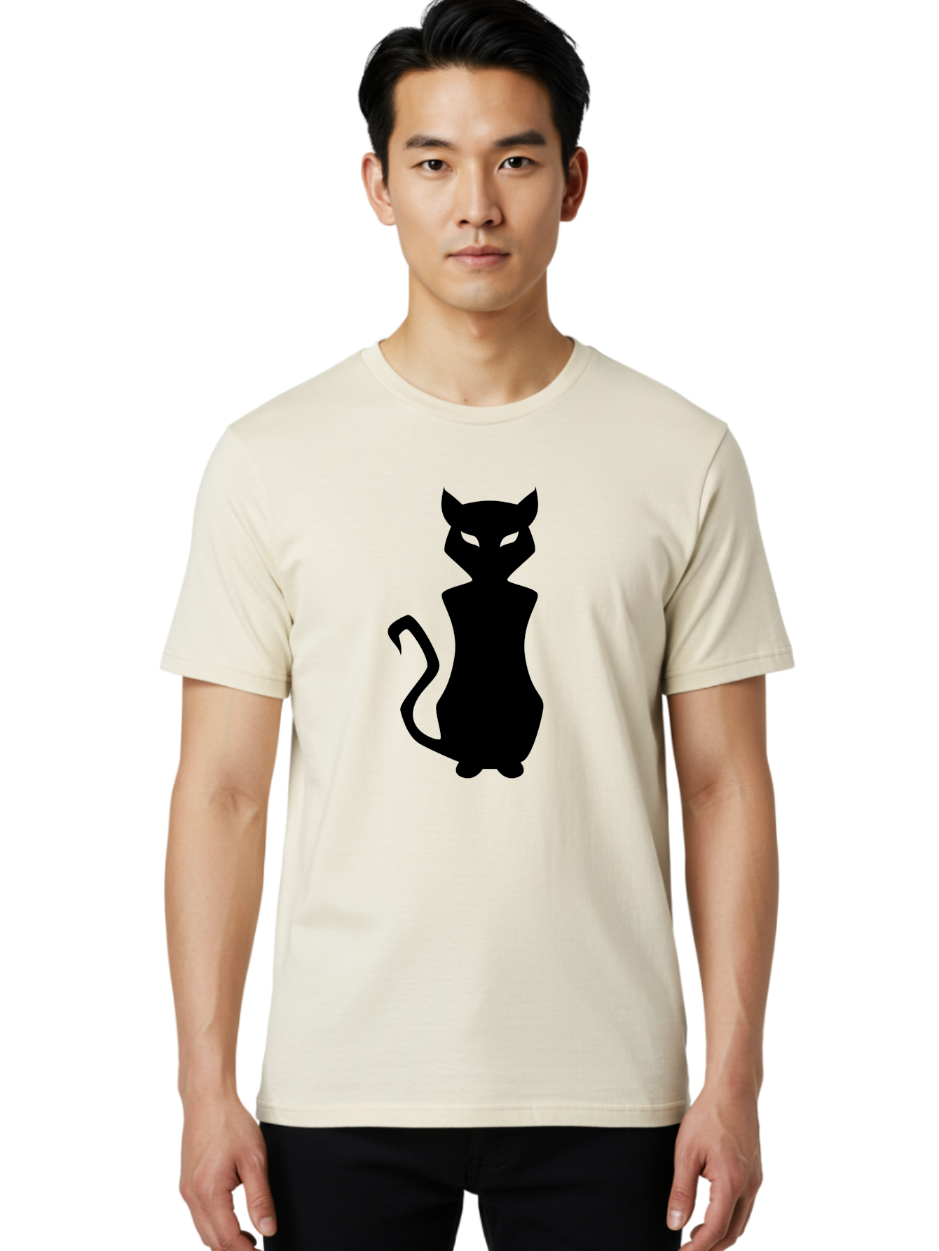 Cat-Silhouette Men'S Graphic Tee, 100% Cotton, Comfortable Casual Summer Wear, Machine Washable, Black Cat Silhouette, Glowy Eyes, Cat'S Paw On Face, Feline Figure, Mysterious Animal, Sleek Design, Glowing Green Eyes, Cat Shape Aab209 10