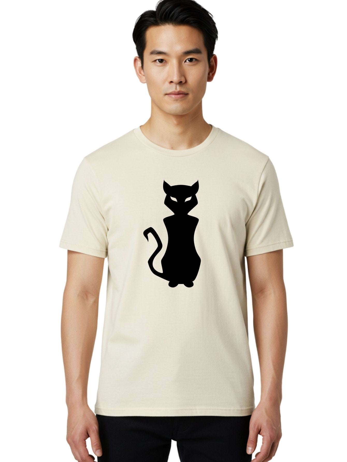 Cat-Silhouette Men'S Graphic Tee, 100% Cotton, Comfortable Casual Summer Wear, Machine Washable, Black Cat Silhouette, Glowy Eyes, Cat'S Paw On Face, Feline Figure, Mysterious Animal, Sleek Design, Glowing Green Eyes, Cat Shape Aab209 26
