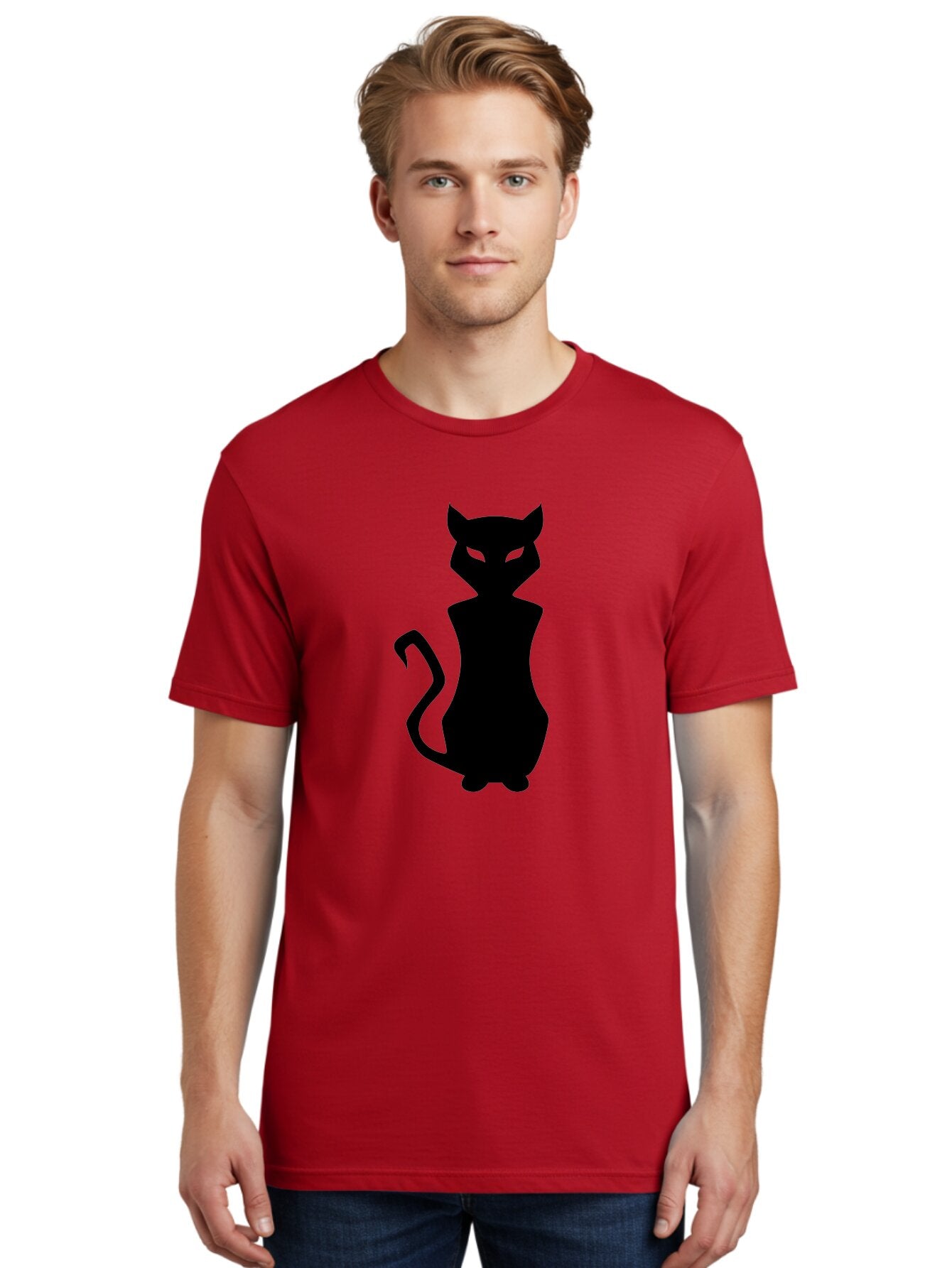 Cat-Silhouette Men'S Graphic Tee, 100% Cotton, Comfortable Casual Summer Wear, Machine Washable, Black Cat Silhouette, Glowy Eyes, Cat'S Paw On Face, Feline Figure, Mysterious Animal, Sleek Design, Glowing Green Eyes, Cat Shape Aab209 22