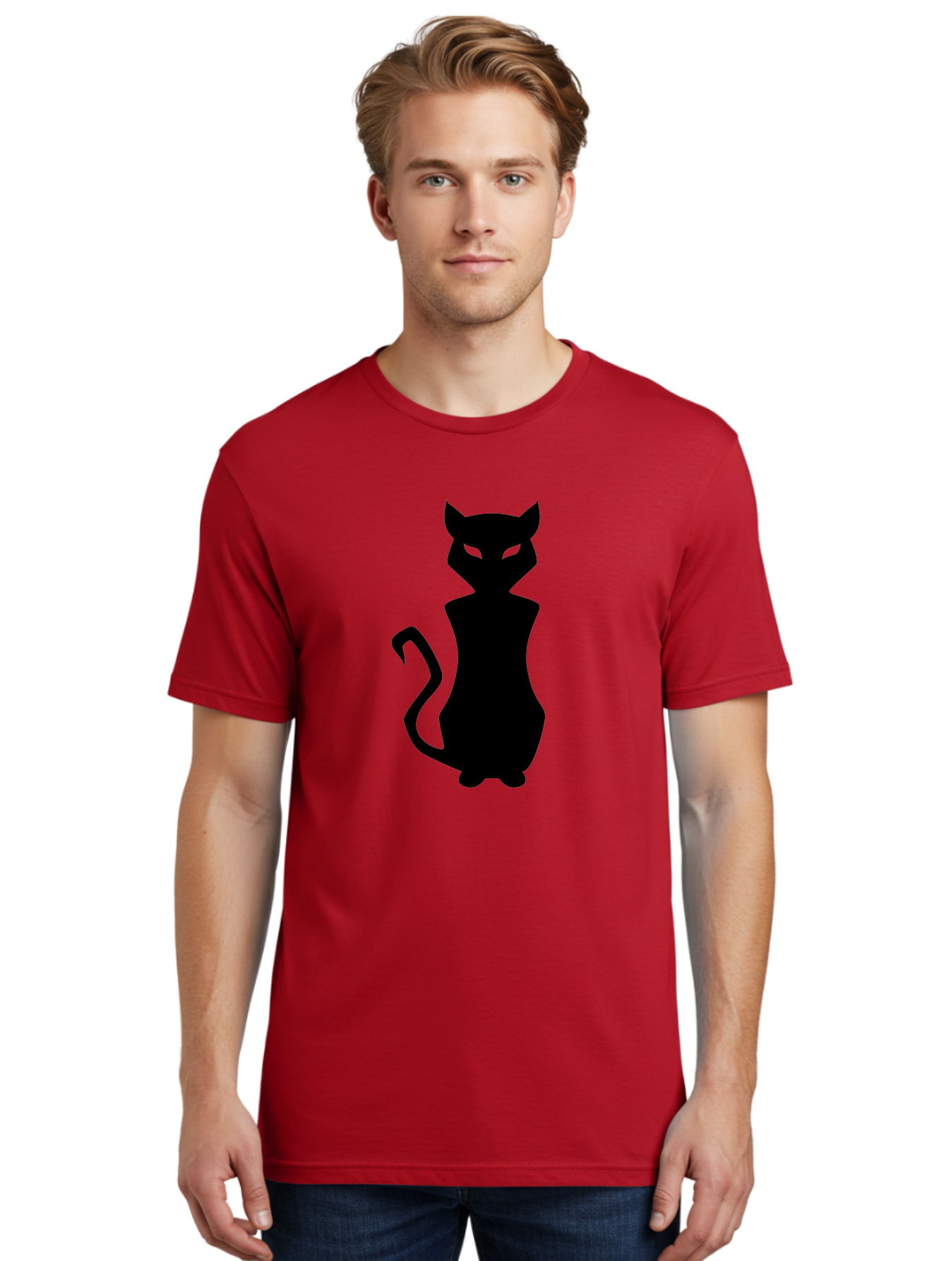 Cat-Silhouette Men'S Graphic Tee, 100% Cotton, Comfortable Casual Summer Wear, Machine Washable, Black Cat Silhouette, Glowy Eyes, Cat'S Paw On Face, Feline Figure, Mysterious Animal, Sleek Design, Glowing Green Eyes, Cat Shape Aab209 18
