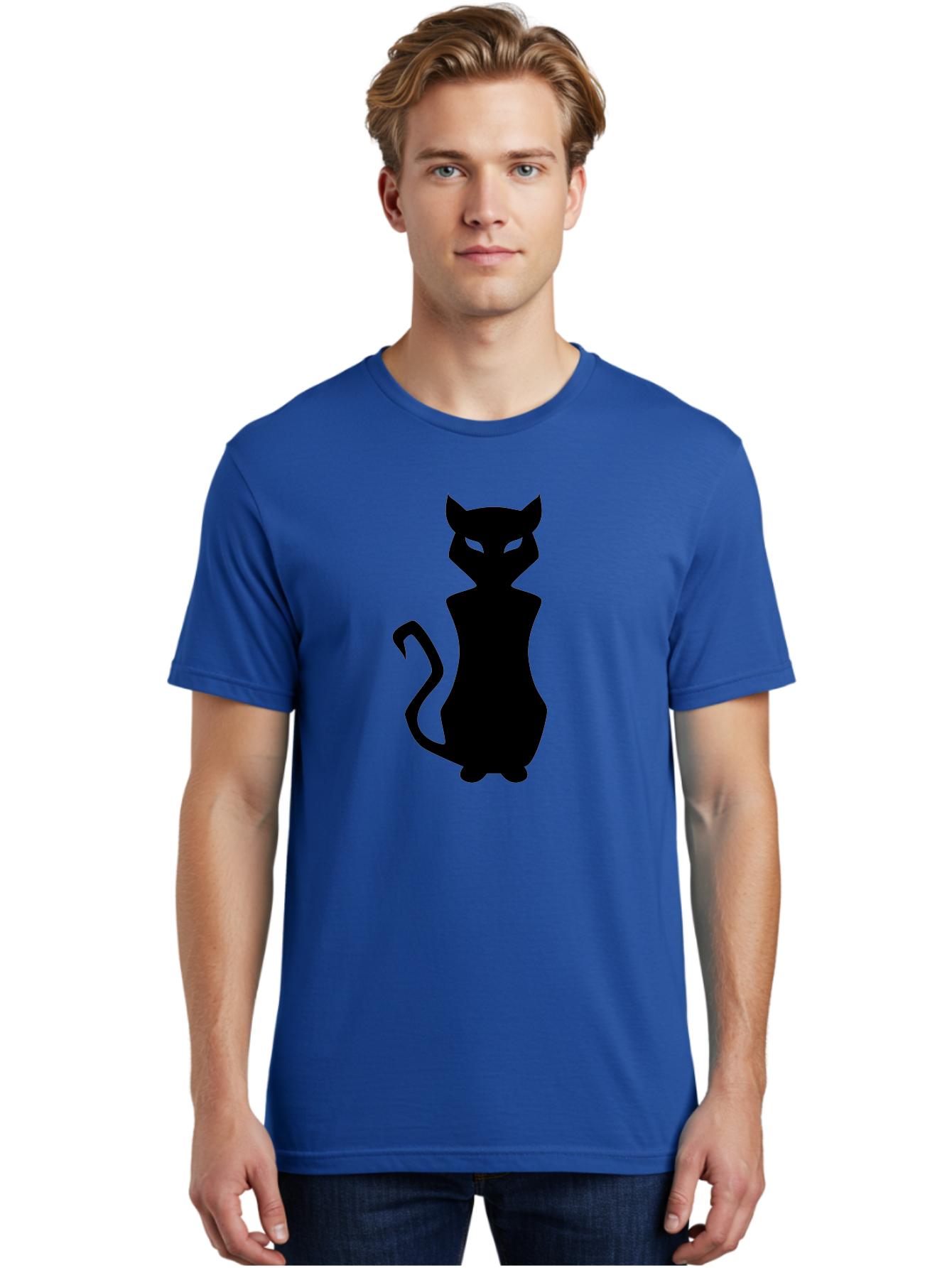 Cat-Silhouette Men'S Graphic Tee, 100% Cotton, Comfortable Casual Summer Wear, Machine Washable, Black Cat Silhouette, Glowy Eyes, Cat'S Paw On Face, Feline Figure, Mysterious Animal, Sleek Design, Glowing Green Eyes, Cat Shape Aab209 6