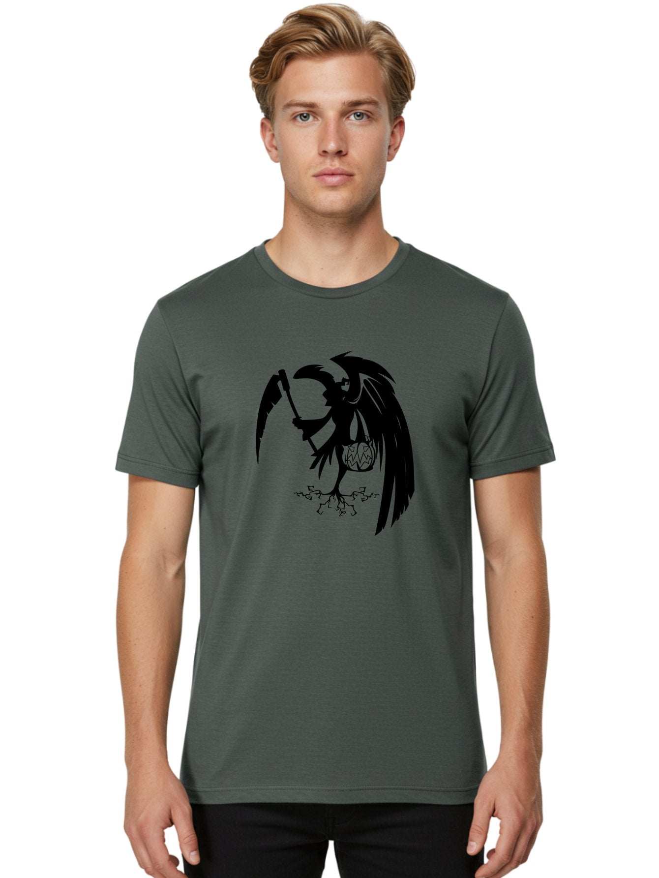 Crow-Grim-Reaper Men'S Graphic Tee, 100% Cotton, Comfortable Casual Summer Wear, Machine Washable, Bird With Scythe, Surreal Imagery, Abstract Art, Dark Symbolism, Mysterious Creature, Winged Figure, Eerie Atmosphere, Fantasy Illustration Aab210 29