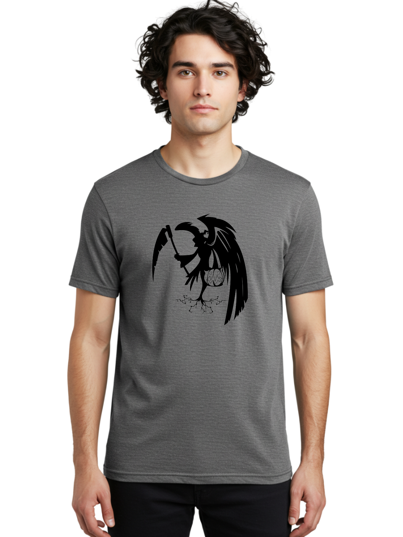 Crow-Grim-Reaper Men'S Graphic Tee, 100% Cotton, Comfortable Casual Summer Wear, Machine Washable, Bird With Scythe, Surreal Imagery, Abstract Art, Dark Symbolism, Mysterious Creature, Winged Figure, Eerie Atmosphere, Fantasy Illustration Aab210