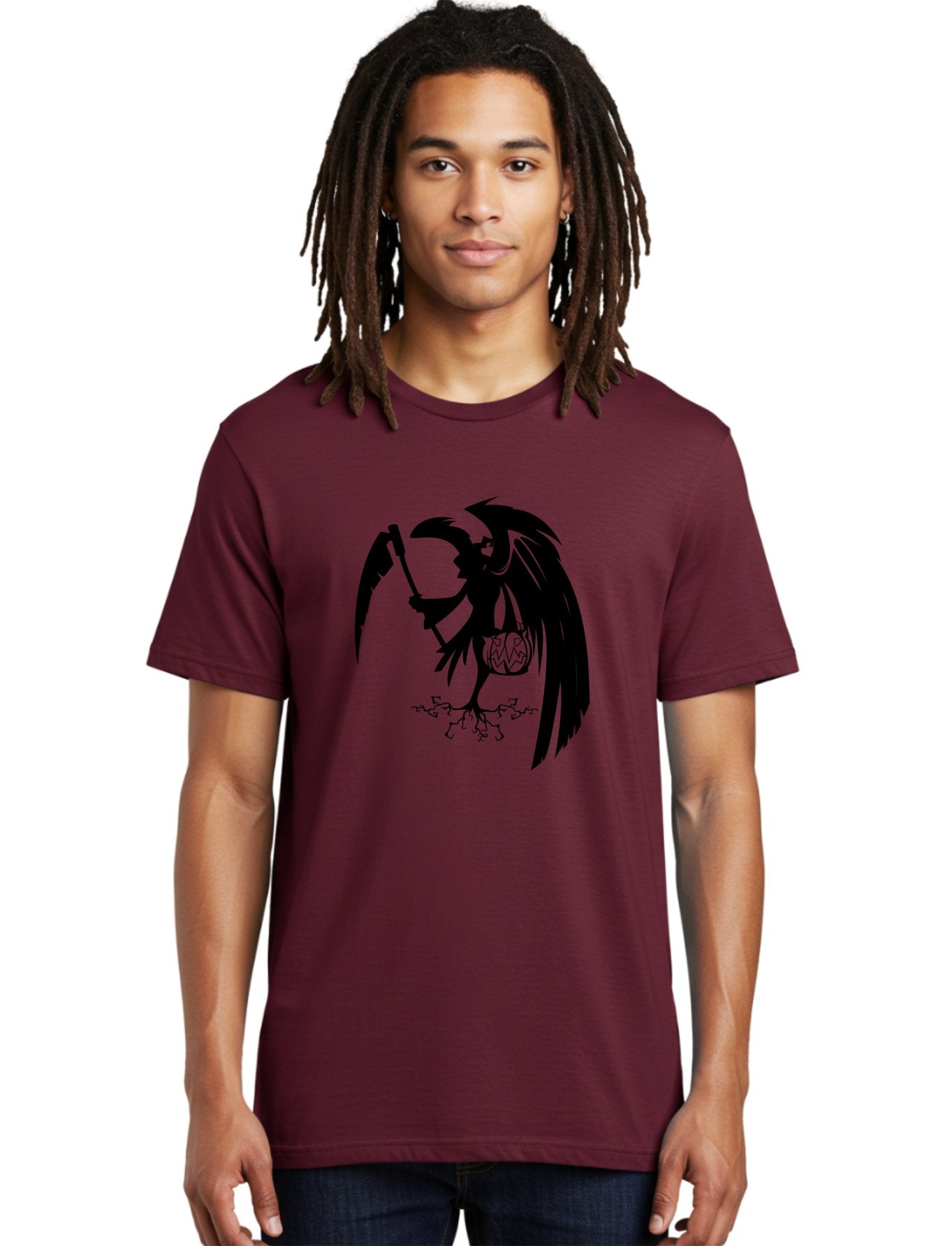Crow-Grim-Reaper Men'S Graphic Tee, 100% Cotton, Comfortable Casual Summer Wear, Machine Washable, Bird With Scythe, Surreal Imagery, Abstract Art, Dark Symbolism, Mysterious Creature, Winged Figure, Eerie Atmosphere, Fantasy Illustration Aab210 27