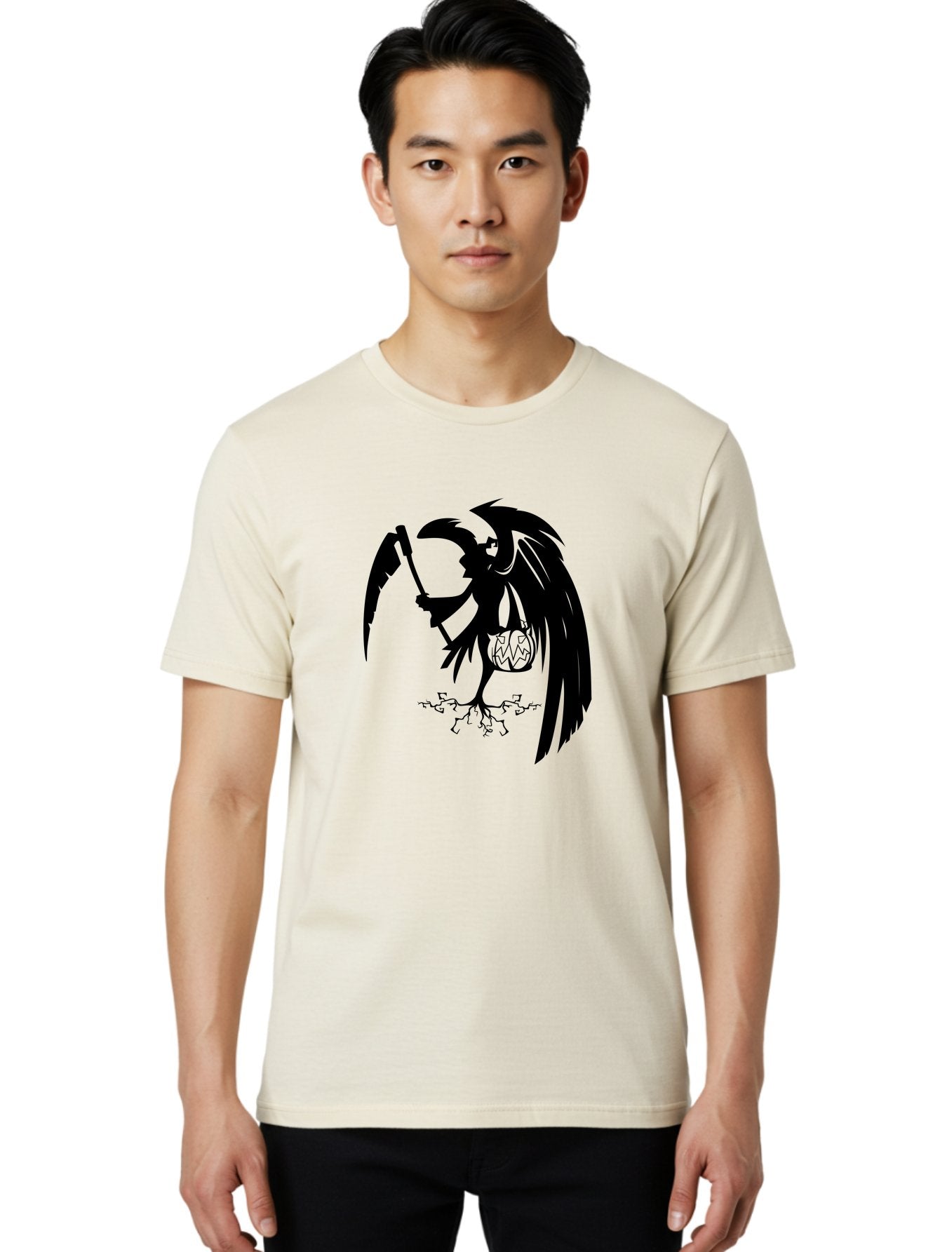 Crow-Grim-Reaper Men'S Graphic Tee, 100% Cotton, Comfortable Casual Summer Wear, Machine Washable, Bird With Scythe, Surreal Imagery, Abstract Art, Dark Symbolism, Mysterious Creature, Winged Figure, Eerie Atmosphere, Fantasy Illustration Aab210 20
