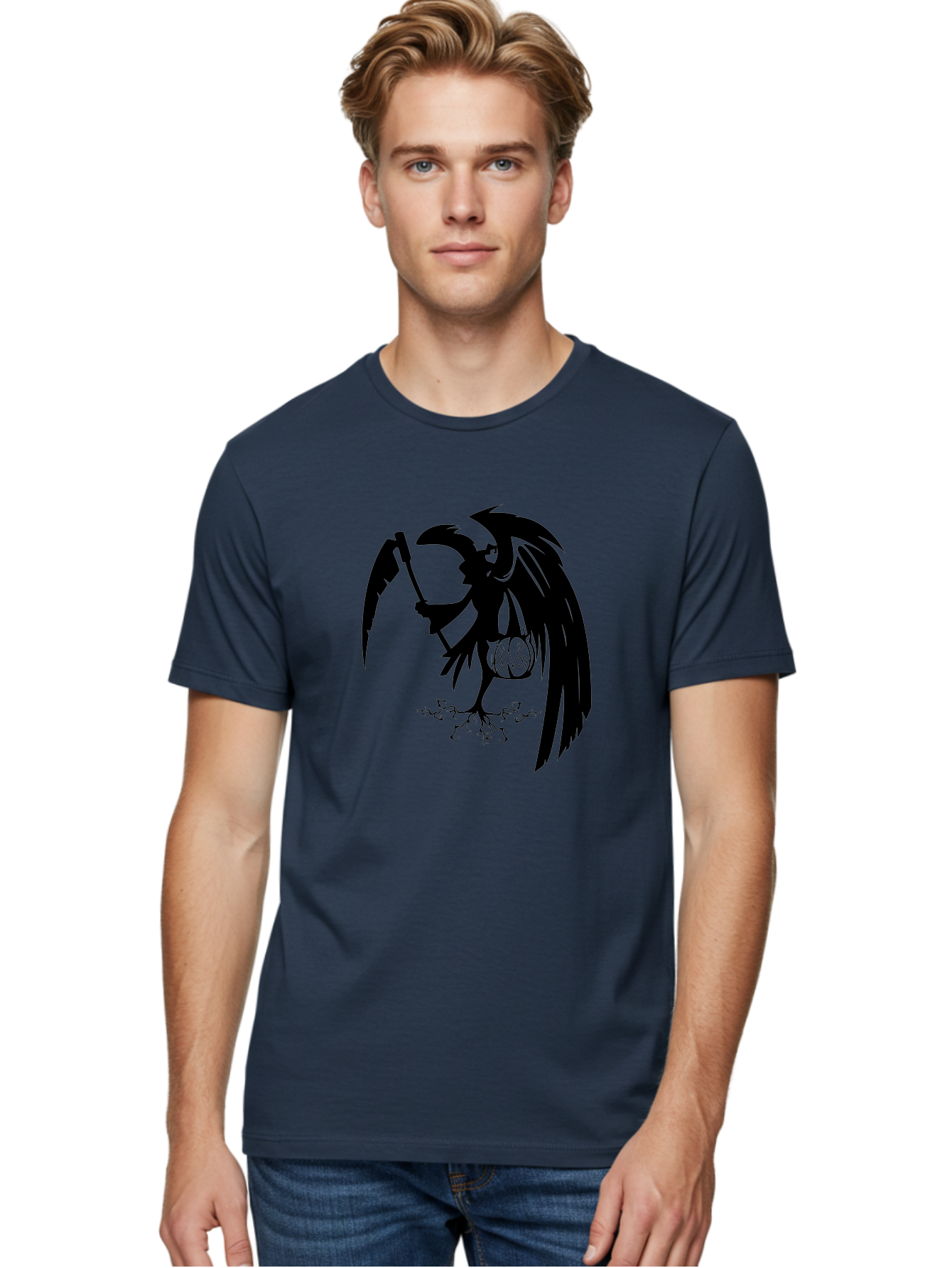 Crow-Grim-Reaper Men'S Graphic Tee, 100% Cotton, Comfortable Casual Summer Wear, Machine Washable, Bird With Scythe, Surreal Imagery, Abstract Art, Dark Symbolism, Mysterious Creature, Winged Figure, Eerie Atmosphere, Fantasy Illustration Aab210 24