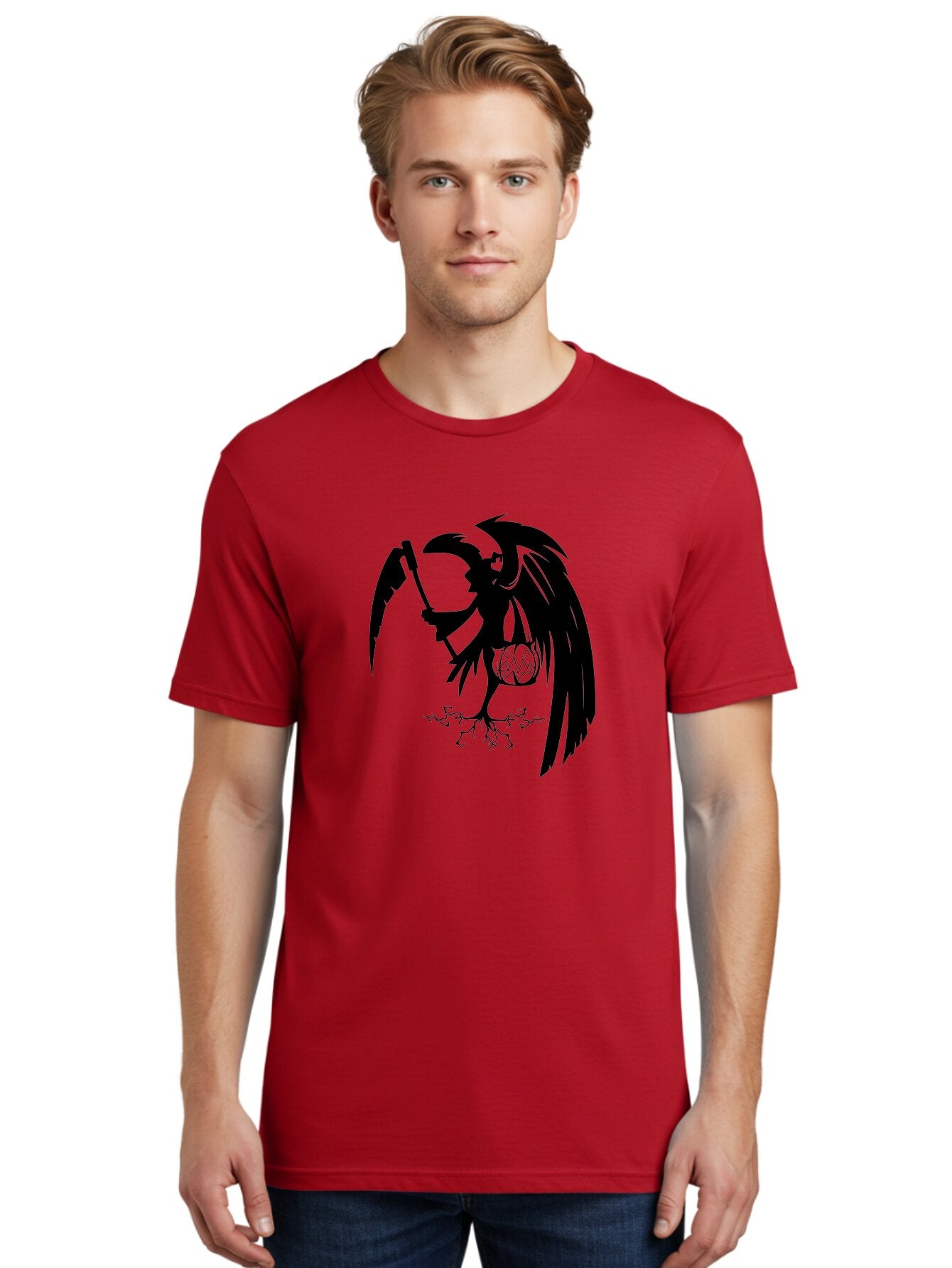 Crow-Grim-Reaper Men'S Graphic Tee, 100% Cotton, Comfortable Casual Summer Wear, Machine Washable, Bird With Scythe, Surreal Imagery, Abstract Art, Dark Symbolism, Mysterious Creature, Winged Figure, Eerie Atmosphere, Fantasy Illustration Aab210 24