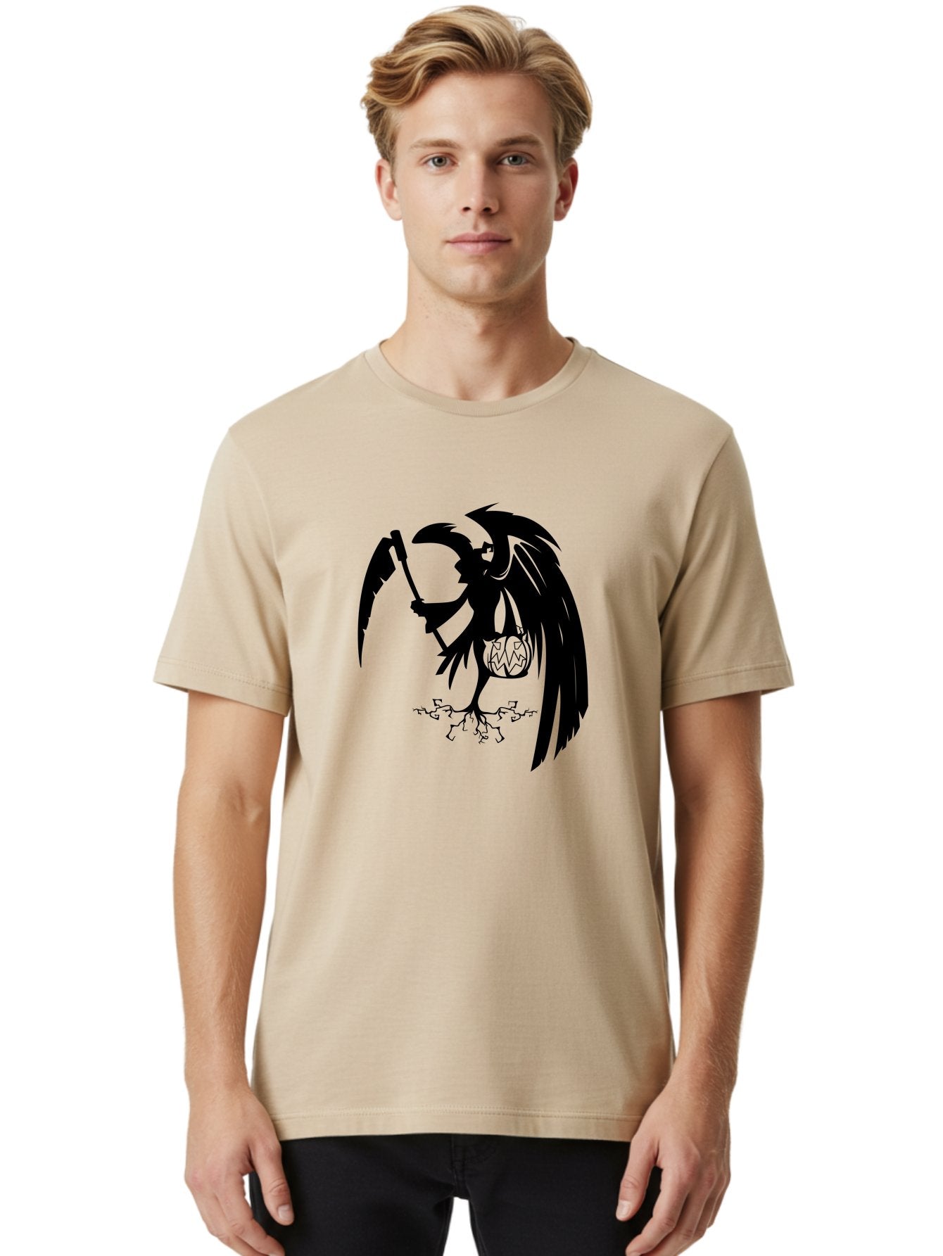 Crow-Grim-Reaper Men'S Graphic Tee, 100% Cotton, Comfortable Casual Summer Wear, Machine Washable, Bird With Scythe, Surreal Imagery, Abstract Art, Dark Symbolism, Mysterious Creature, Winged Figure, Eerie Atmosphere, Fantasy Illustration Aab210 22