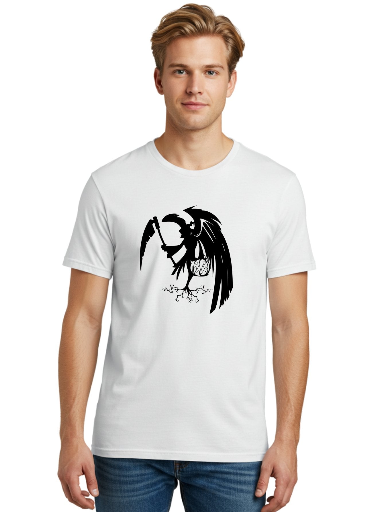 Crow-Grim-Reaper Men'S Graphic Tee, 100% Cotton, Comfortable Casual Summer Wear, Machine Washable, Bird With Scythe, Surreal Imagery, Abstract Art, Dark Symbolism, Mysterious Creature, Winged Figure, Eerie Atmosphere, Fantasy Illustration Aab210 16