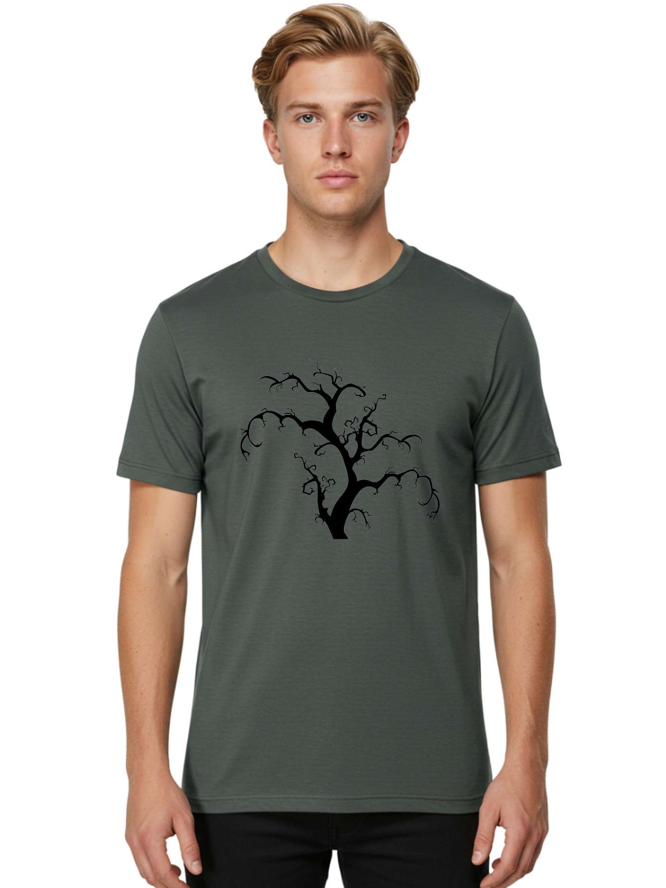 Dead-Tree-Silhouette Men'S Graphic Tee, 100% Cotton, Comfortable Casual Summer Wear, Machine Washable, Dead Tree Silhouette, Barren Branches, Spooky Atmosphere, Gothic Art, Mysterious, Haunting, Twisted, Eerie Aab213 4