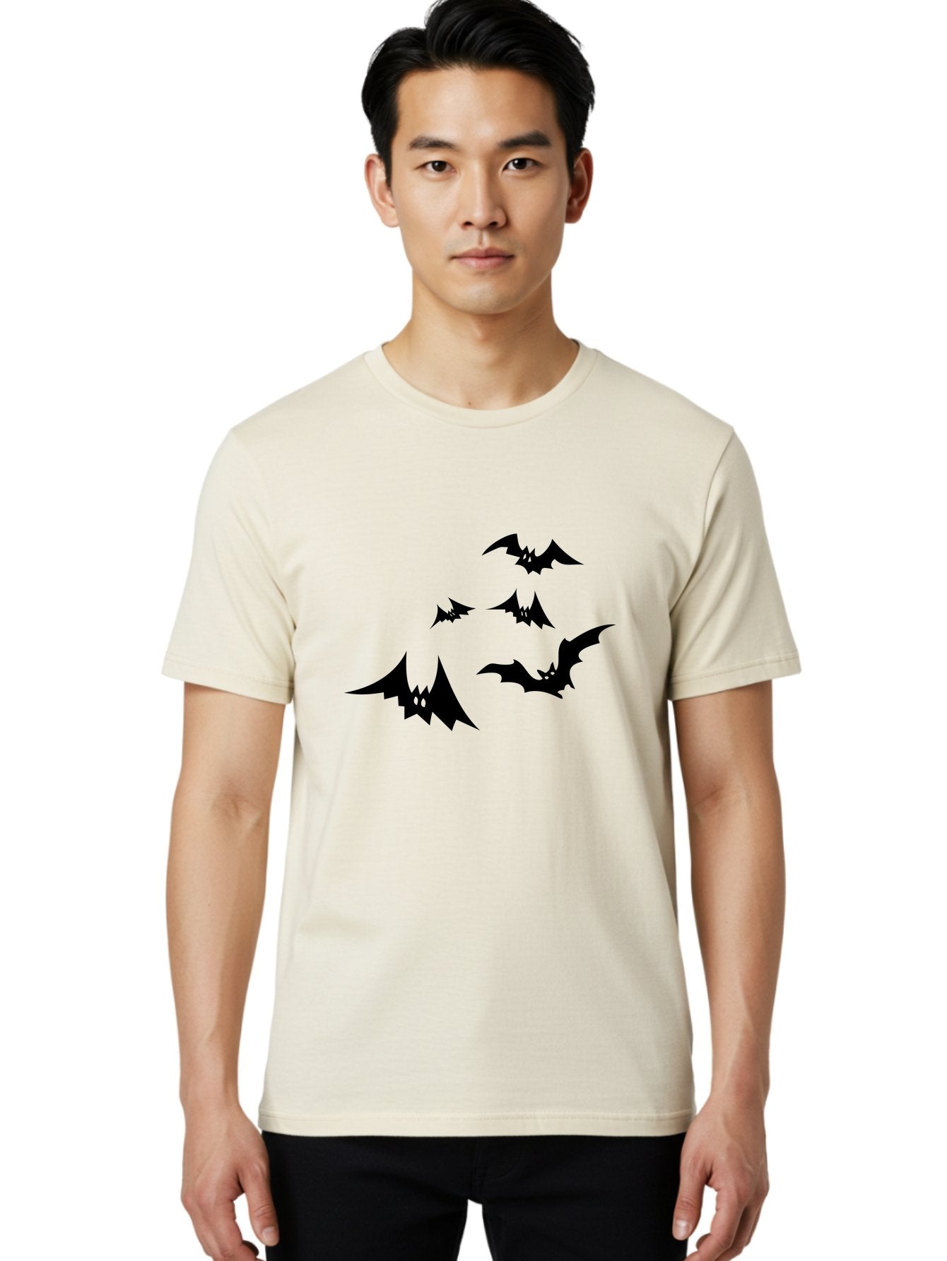 Flying-Bats Men'S Graphic Tee, 100% Cotton, Comfortable Casual Summer Wear, Machine Washable, Black Bats, Flying Bats, Halloween Symbols, Spooky Creatures, Gothic Decorations, Eerie Silhouettes, Dark Magic, Halloween Decorations Aab216 30