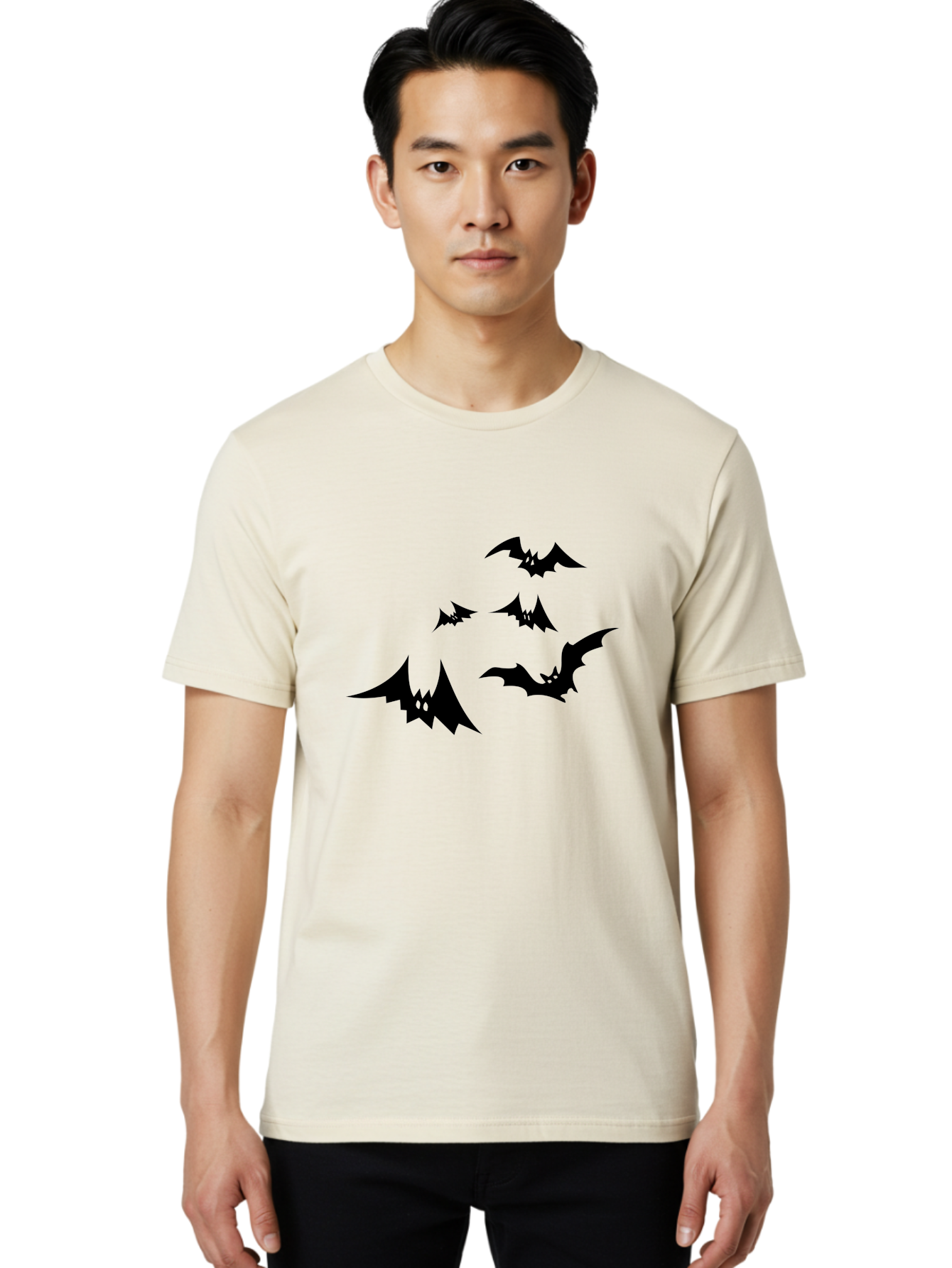 Flying-Bats Men'S Graphic Tee, 100% Cotton, Comfortable Casual Summer Wear, Machine Washable, Black Bats, Flying Bats, Halloween Symbols, Spooky Creatures, Gothic Decorations, Eerie Silhouettes, Dark Magic, Halloween Decorations Aab216 18