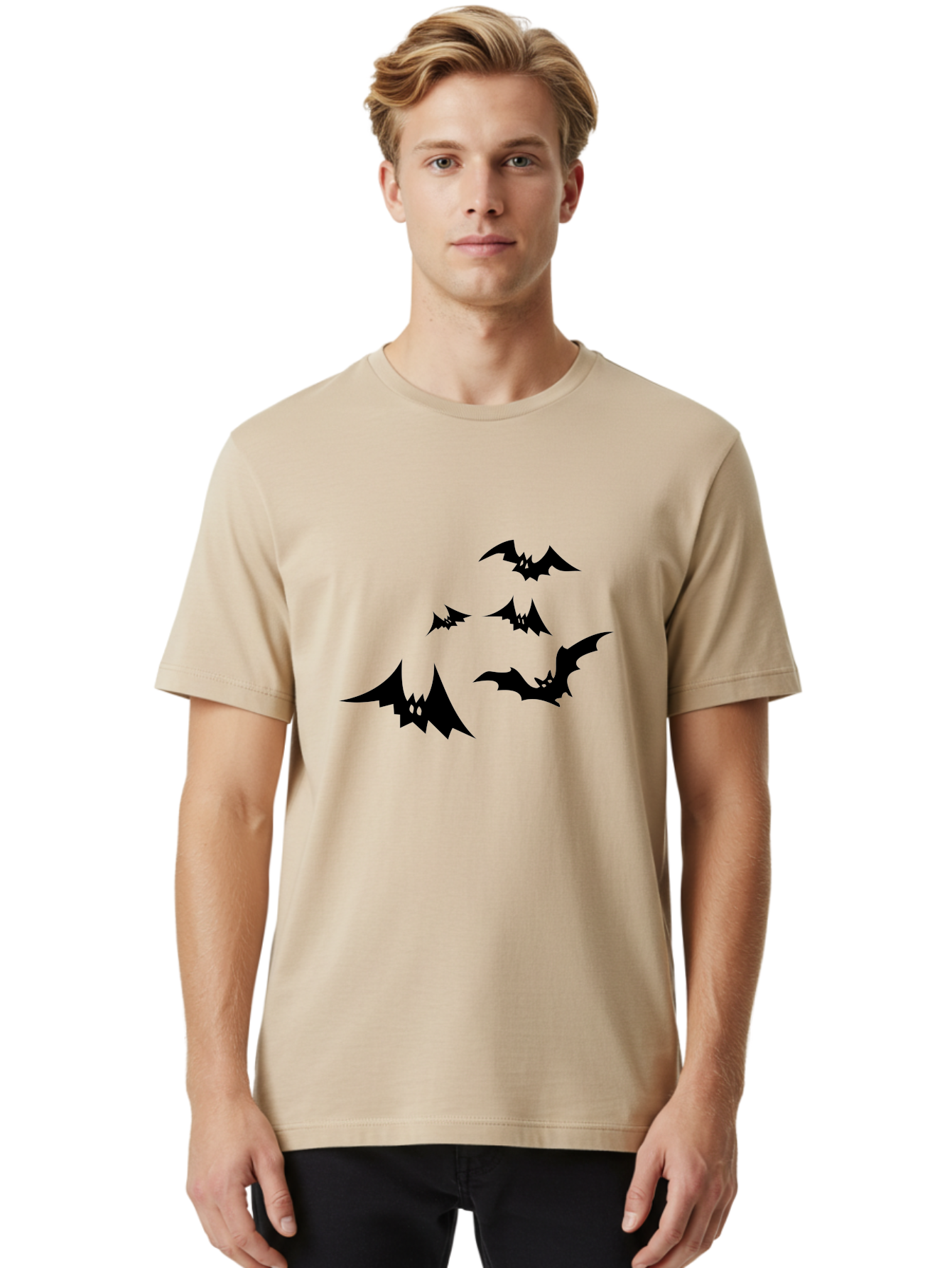 Flying-Bats Men'S Graphic Tee, 100% Cotton, Comfortable Casual Summer Wear, Machine Washable, Black Bats, Flying Bats, Halloween Symbols, Spooky Creatures, Gothic Decorations, Eerie Silhouettes, Dark Magic, Halloween Decorations Aab216 28