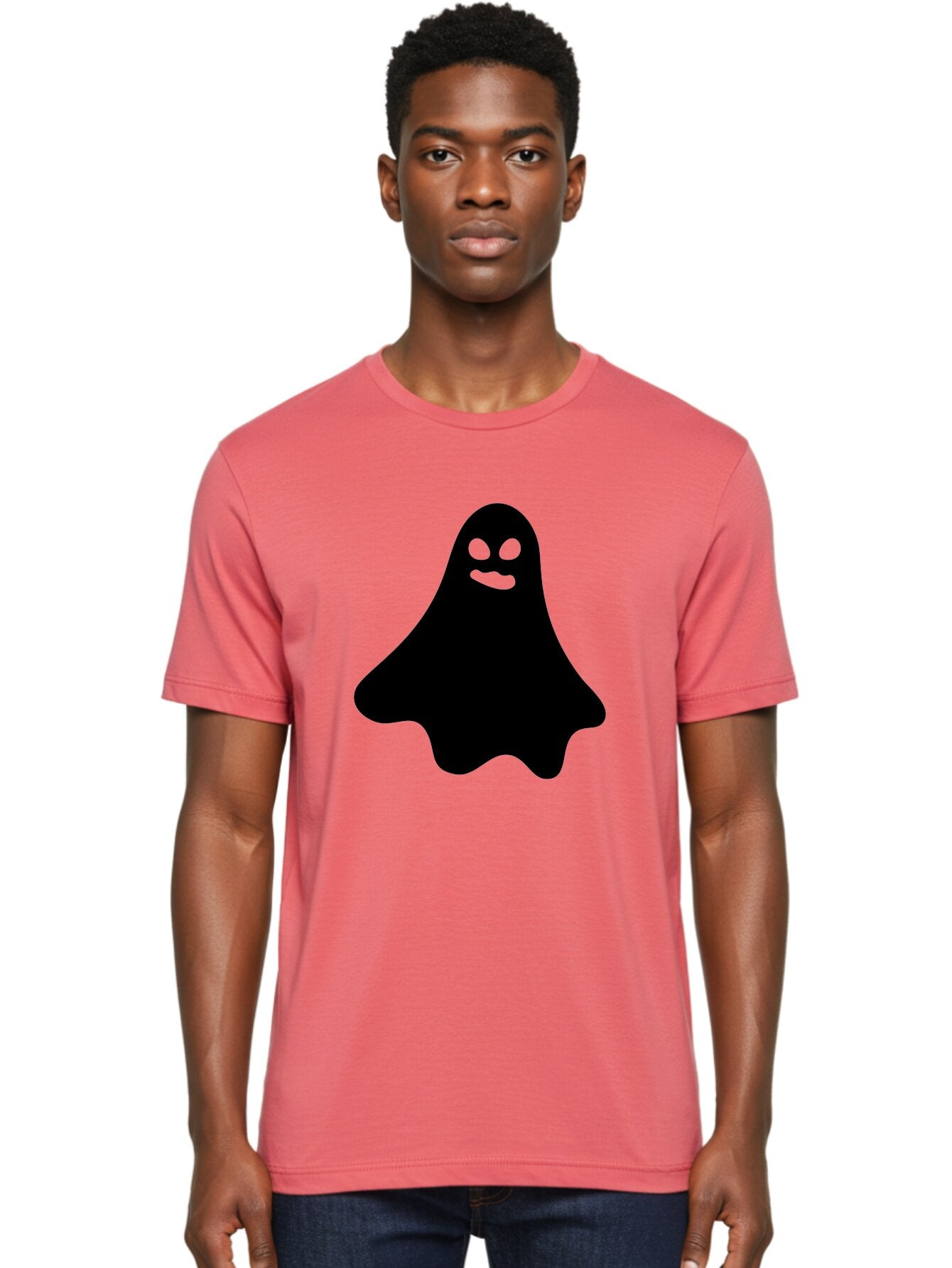Ghost-1 Men'S Graphic Tee, 100% Cotton, Comfortable Casual Summer Wear, Machine Washable, Cartoon Ghost, Black Silhouette, Green Eyes, Smiling Face, Spooky Character, Halloween Icon, Cute Monster, Supernatural Being, Funny Ghost Aab217 24