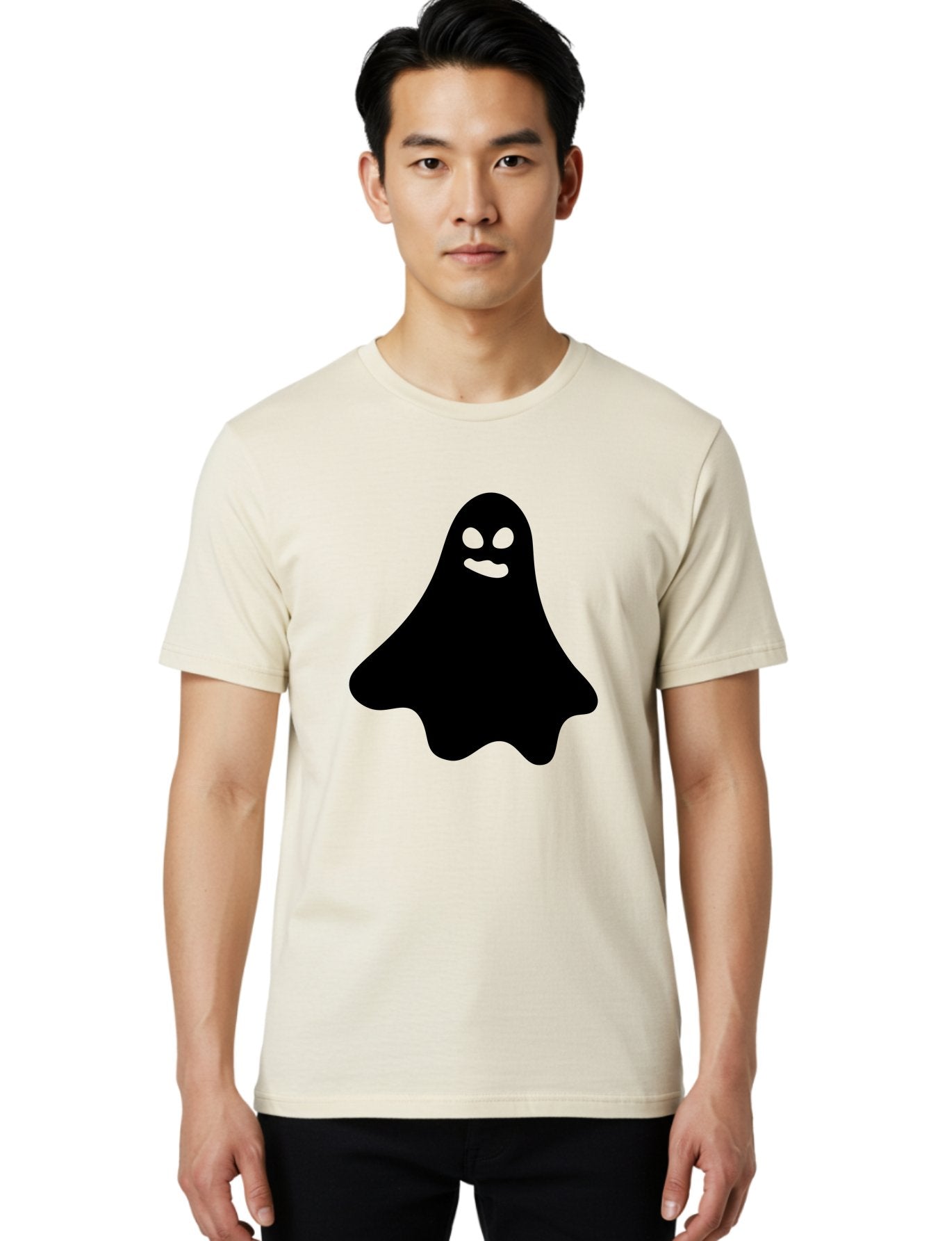 Ghost-1 Men'S Graphic Tee, 100% Cotton, Comfortable Casual Summer Wear, Machine Washable, Cartoon Ghost, Black Silhouette, Green Eyes, Smiling Face, Spooky Character, Halloween Icon, Cute Monster, Supernatural Being, Funny Ghost Aab217 22