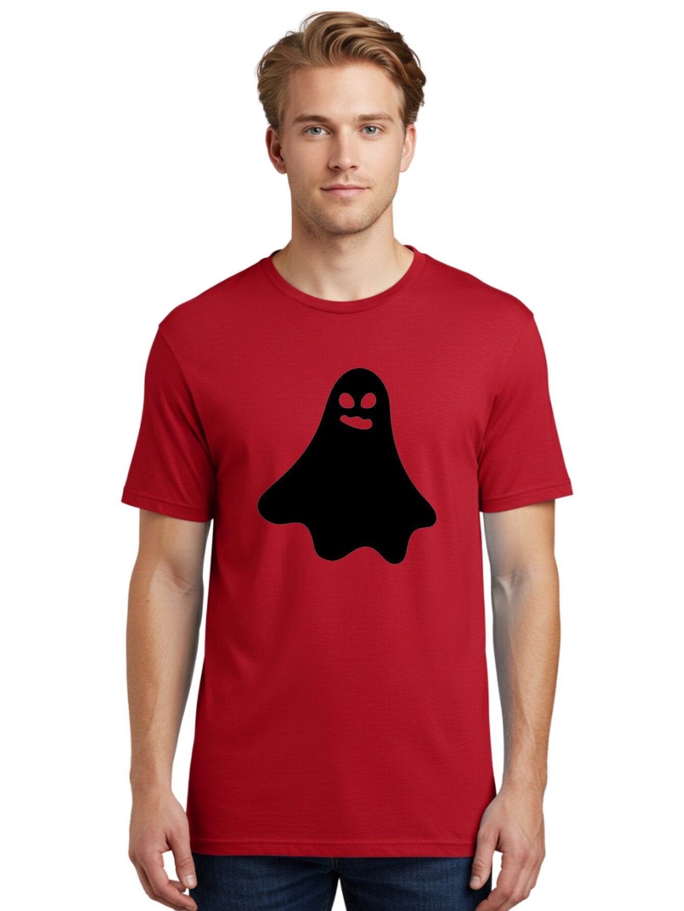 Ghost-1 Men'S Graphic Tee, 100% Cotton, Comfortable Casual Summer Wear, Machine Washable, Cartoon Ghost, Black Silhouette, Green Eyes, Smiling Face, Spooky Character, Halloween Icon, Cute Monster, Supernatural Being, Funny Ghost Aab217 29