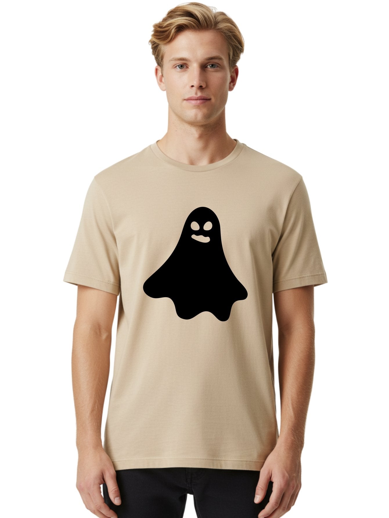 Ghost-1 Men'S Graphic Tee, 100% Cotton, Comfortable Casual Summer Wear, Machine Washable, Cartoon Ghost, Black Silhouette, Green Eyes, Smiling Face, Spooky Character, Halloween Icon, Cute Monster, Supernatural Being, Funny Ghost Aab217 20