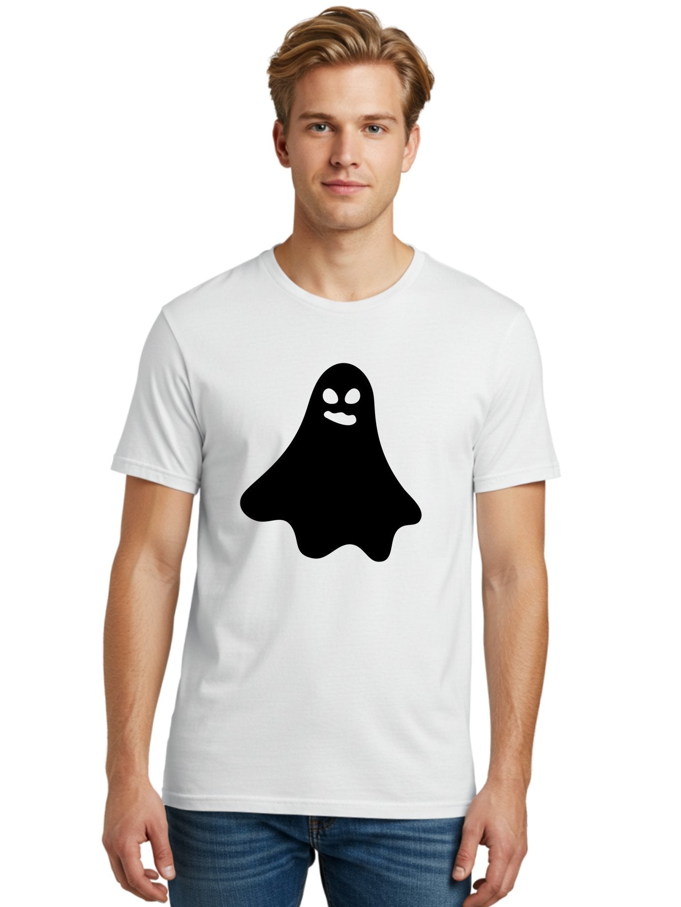 Ghost-1 Men'S Graphic Tee, 100% Cotton, Comfortable Casual Summer Wear, Machine Washable, Cartoon Ghost, Black Silhouette, Green Eyes, Smiling Face, Spooky Character, Halloween Icon, Cute Monster, Supernatural Being, Funny Ghost Aab217 16