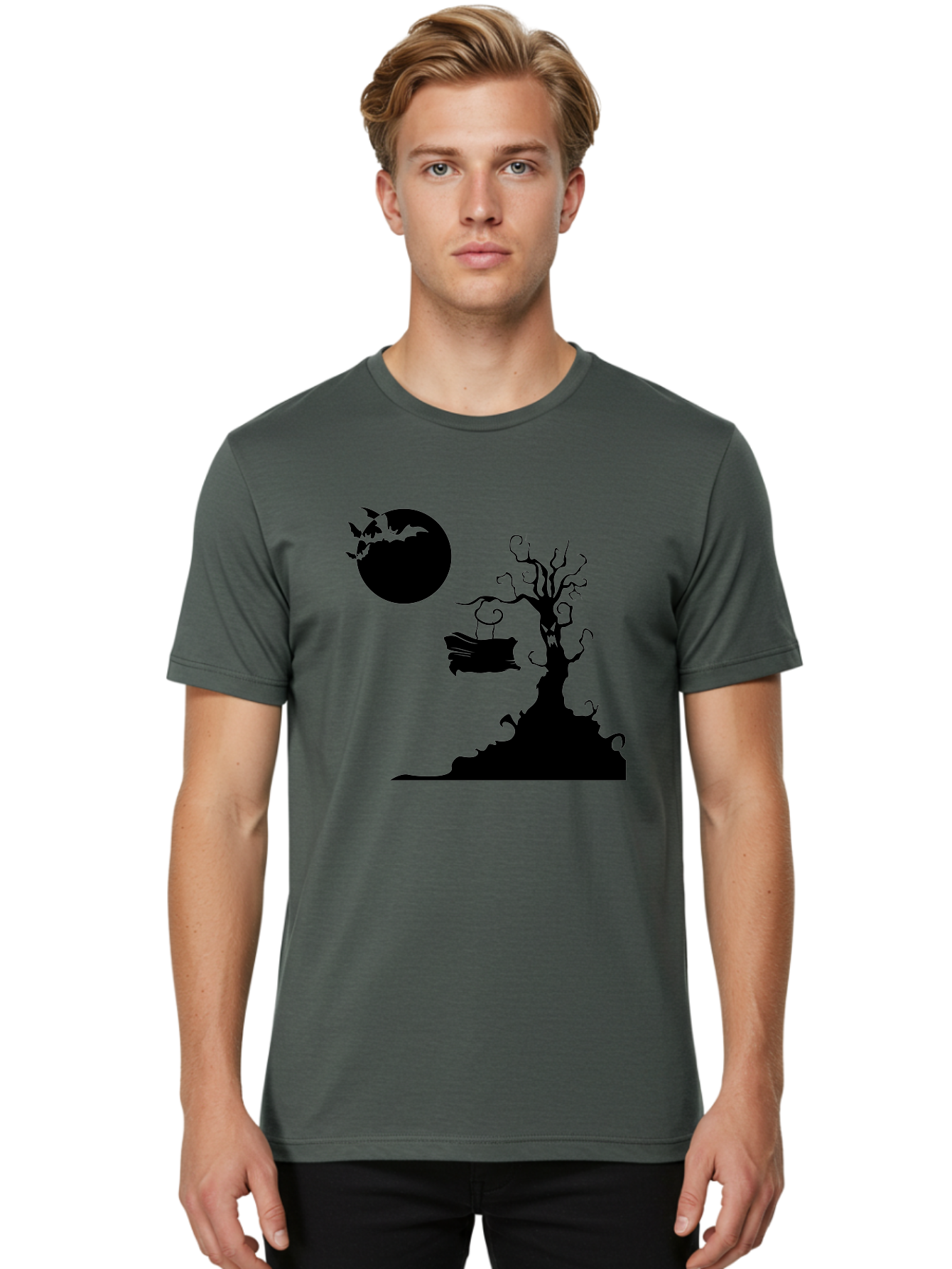 Halloween-Tree Men'S Graphic Tee, 100% Cotton, Comfortable Casual Summer Wear, Machine Washable, Halloween Scene, Spooky Atmosphere, Flying Bats, Haunted Tree, Swing, Full Moon, Dark Silhouette, Autumn Leaves, Halloween Decorations, Aab219 4