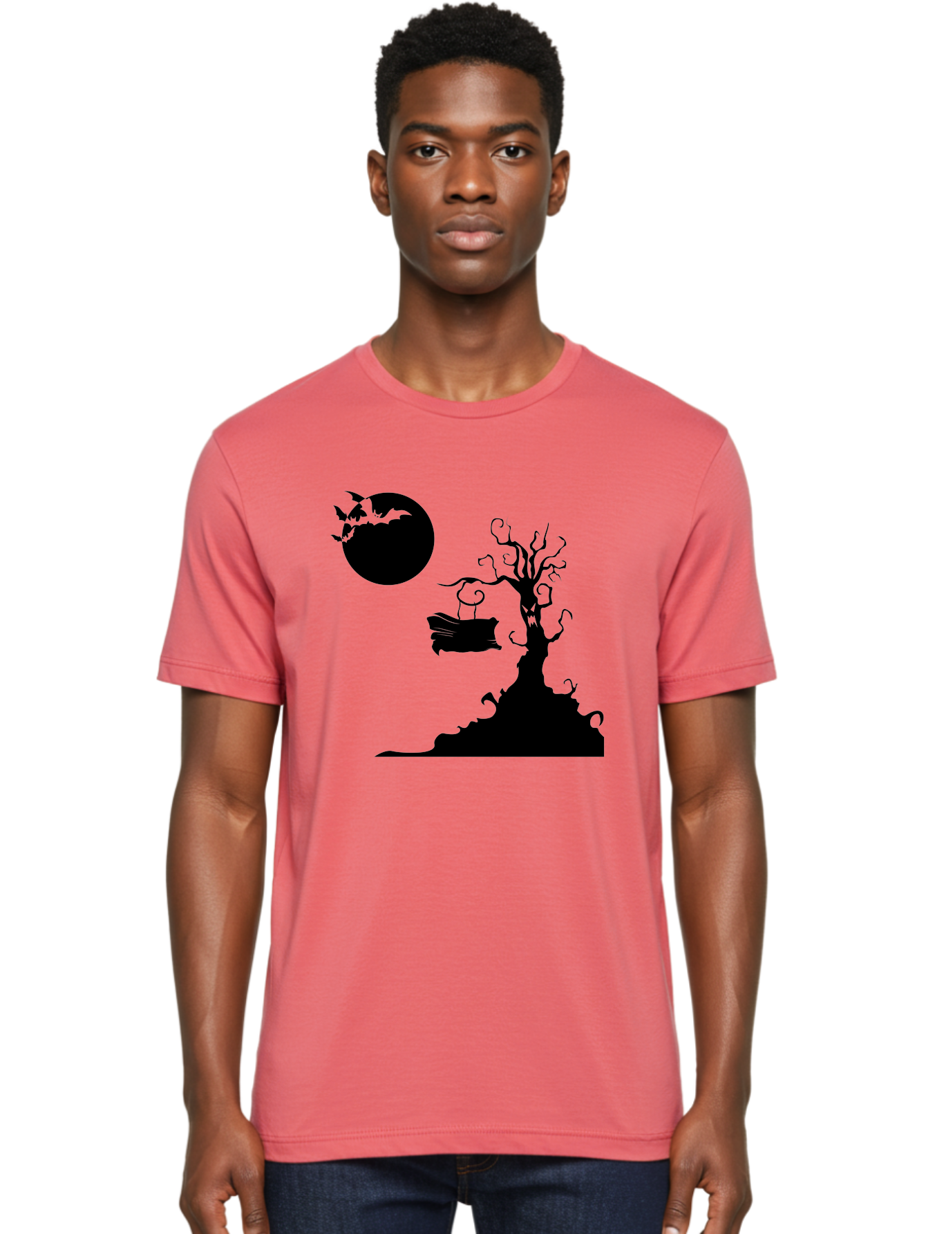 Halloween-Tree Men'S Graphic Tee, 100% Cotton, Comfortable Casual Summer Wear, Machine Washable, Halloween Scene, Spooky Atmosphere, Flying Bats, Haunted Tree, Swing, Full Moon, Dark Silhouette, Autumn Leaves, Halloween Decorations, Aab219 6