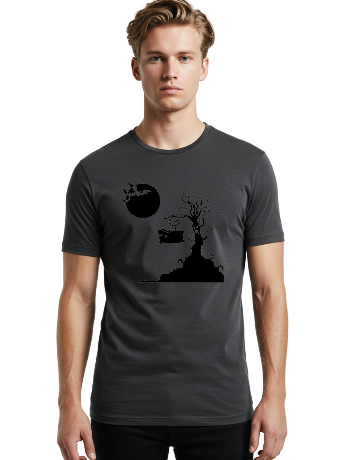 Halloween-Tree Men'S Graphic Tee, 100% Cotton, Comfortable Casual Summer Wear, Machine Washable, Halloween Scene, Spooky Atmosphere, Flying Bats, Haunted Tree, Swing, Full Moon, Dark Silhouette, Autumn Leaves, Halloween Decorations, Aab219 8