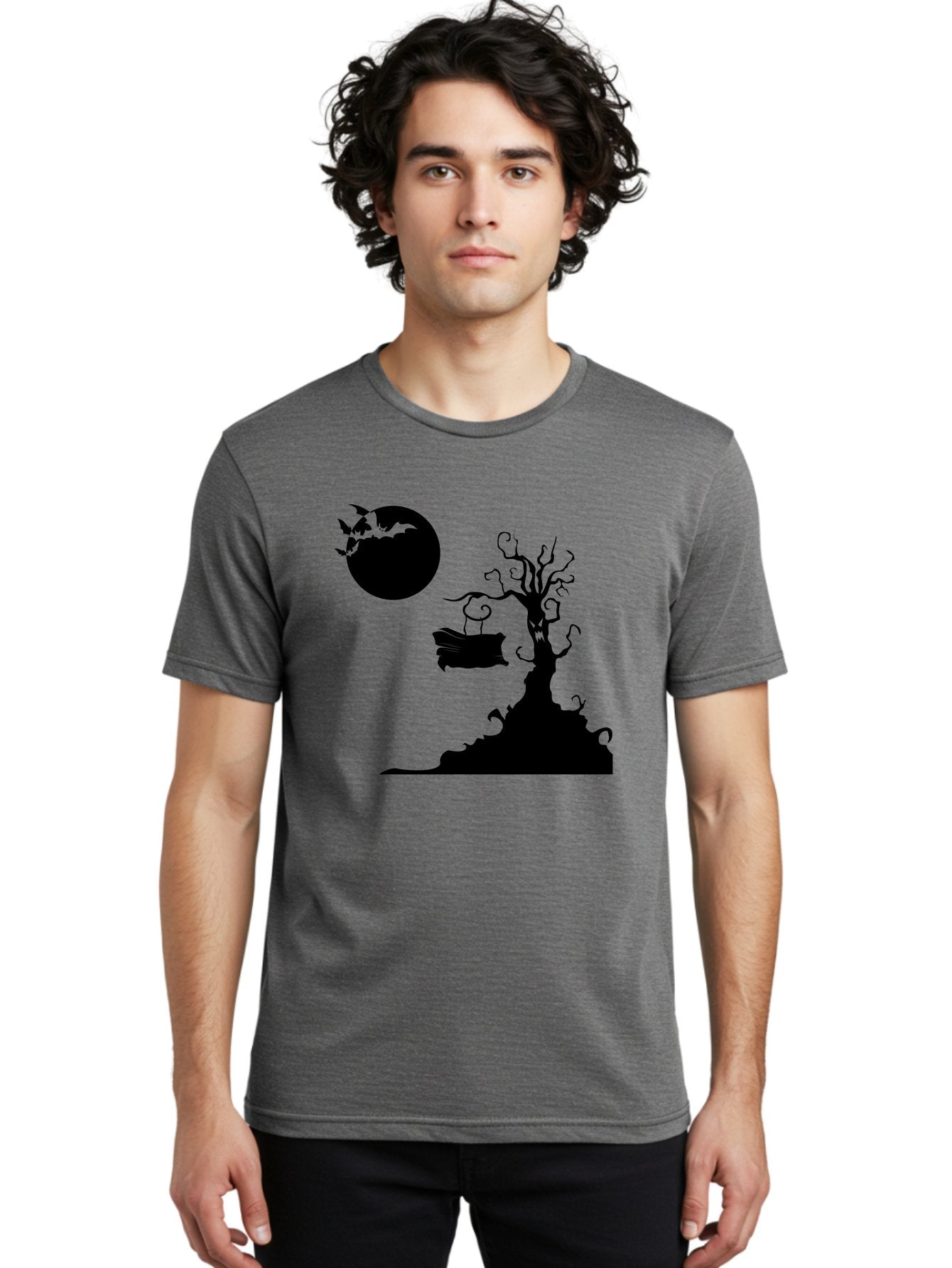 Halloween-Tree Men'S Graphic Tee, 100% Cotton, Comfortable Casual Summer Wear, Machine Washable, Halloween Scene, Spooky Atmosphere, Flying Bats, Haunted Tree, Swing, Full Moon, Dark Silhouette, Autumn Leaves, Halloween Decorations, Aab219 29