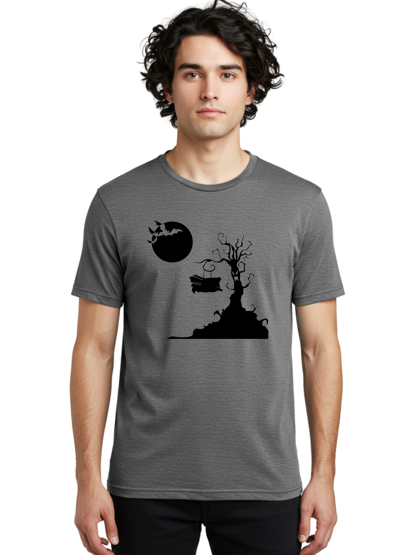 Halloween-Tree Men'S Graphic Tee, 100% Cotton, Comfortable Casual Summer Wear, Machine Washable, Halloween Scene, Spooky Atmosphere, Flying Bats, Haunted Tree, Swing, Full Moon, Dark Silhouette, Autumn Leaves, Halloween Decorations, Aab219 10